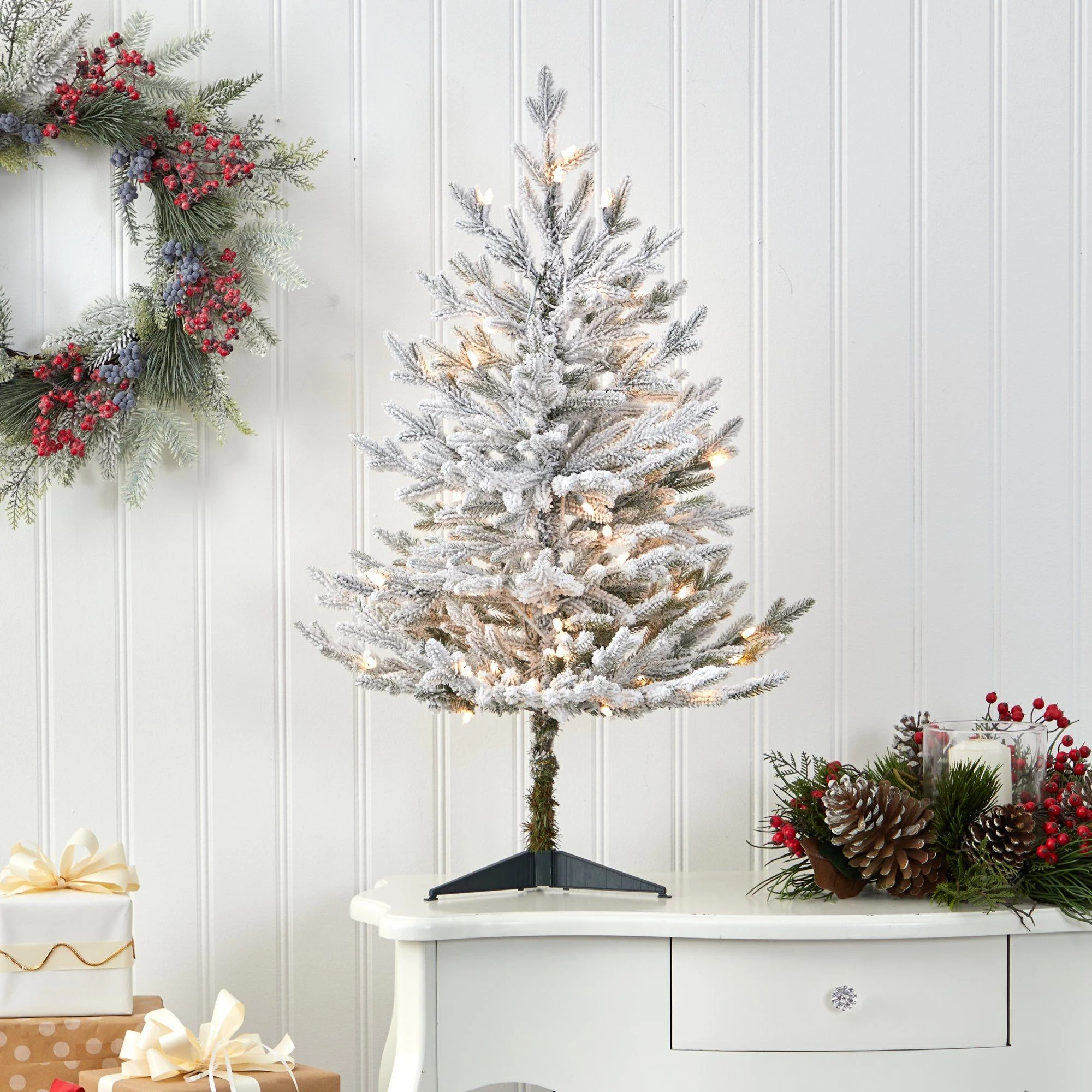3’ Flocked Fraser Fir Artificial Christmas Tree with 200 Warm White Lights and 481 Bendable Branches - Image 2