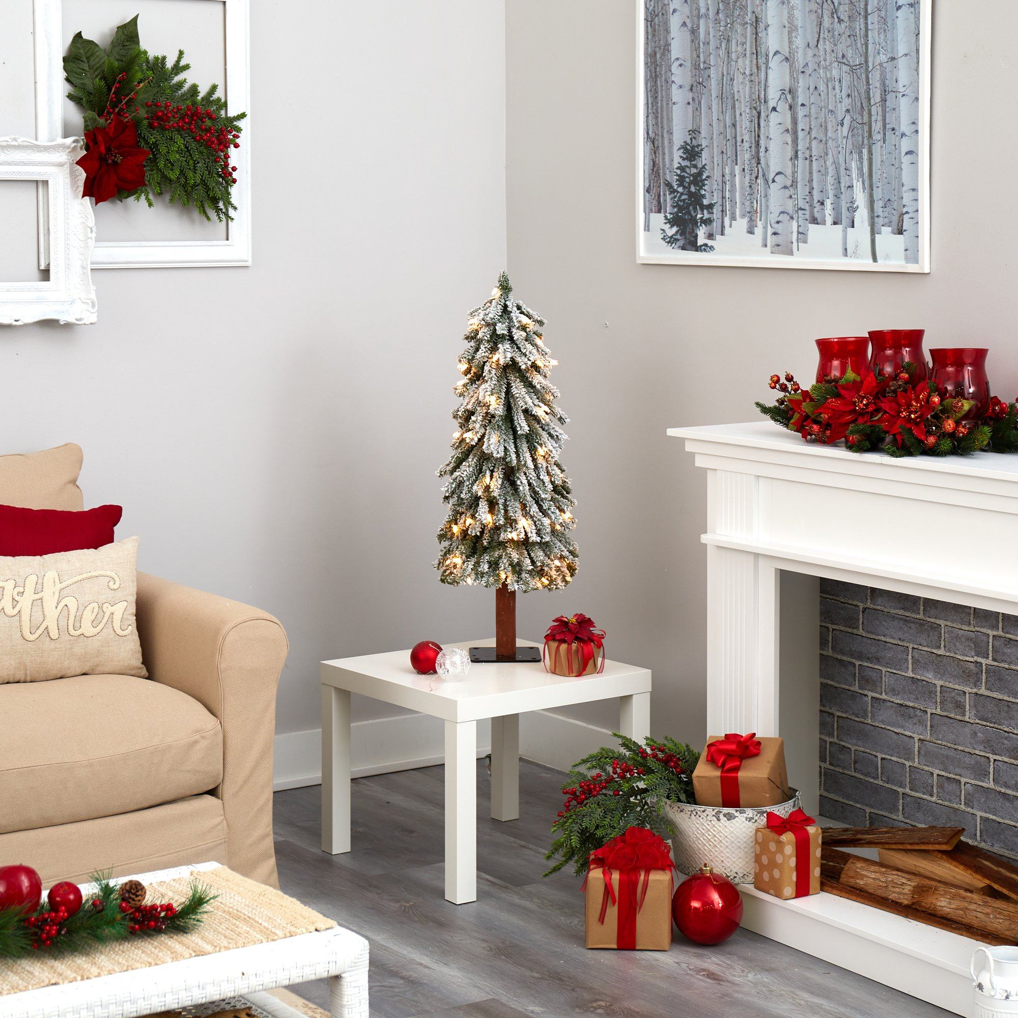3’ Flocked Grand Alpine Artificial Christmas Tree with 50 Lights and 193 Branches on Natural Trunk - Image 3