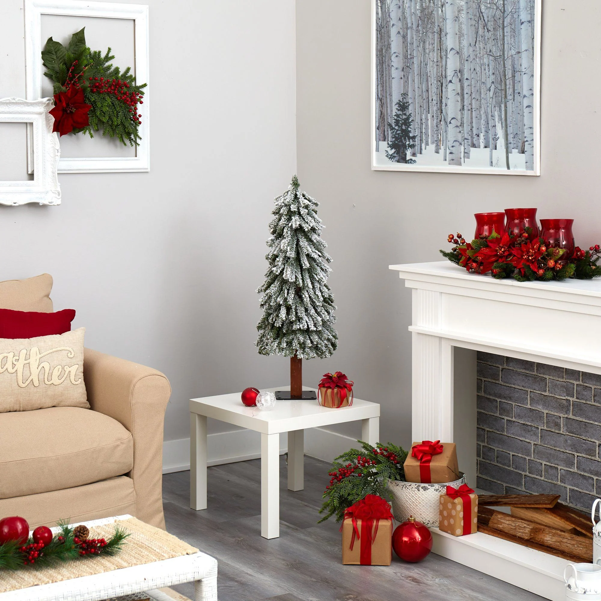 3’ Flocked Grand Alpine Artificial Christmas Tree with 50 Lights and 193 Branches on Natural Trunk - Image 4
