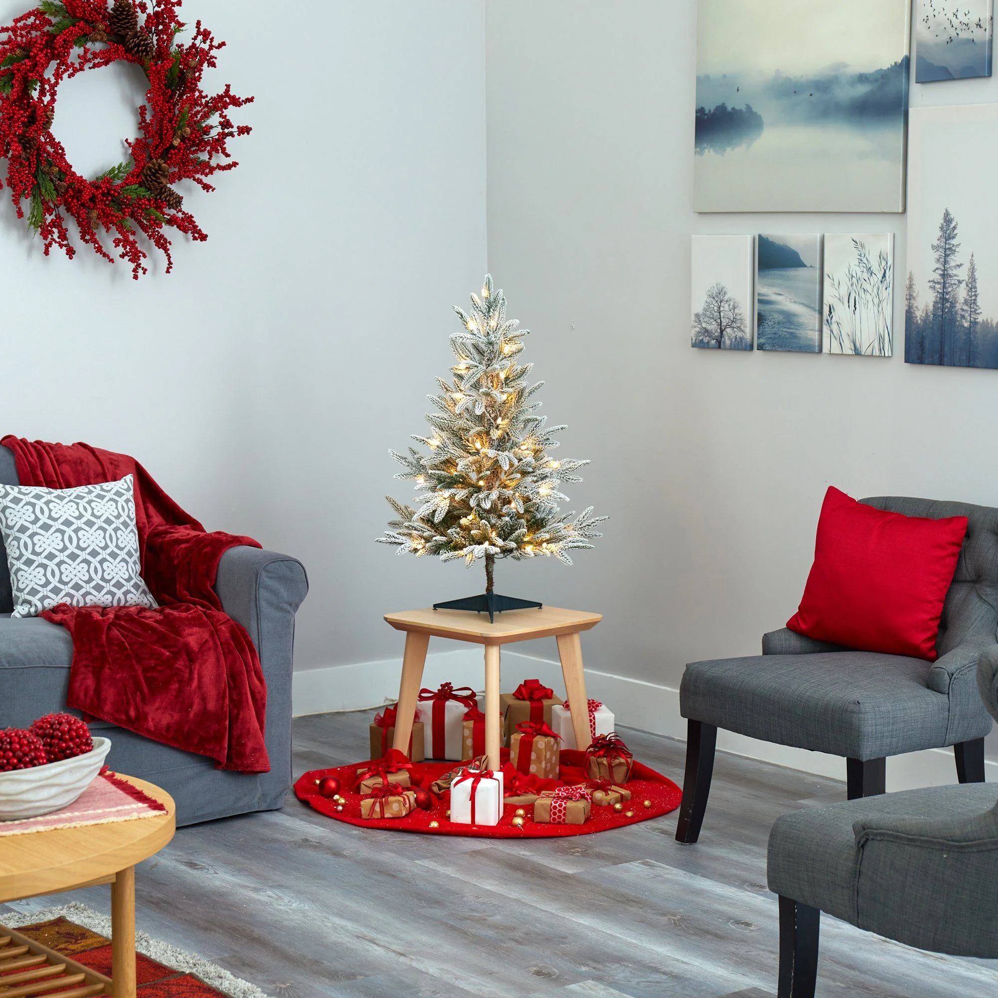 3’ Flocked Manchester Spruce Artificial Christmas Tree with 50 Lights and 133 Bendable Branches - Image 6