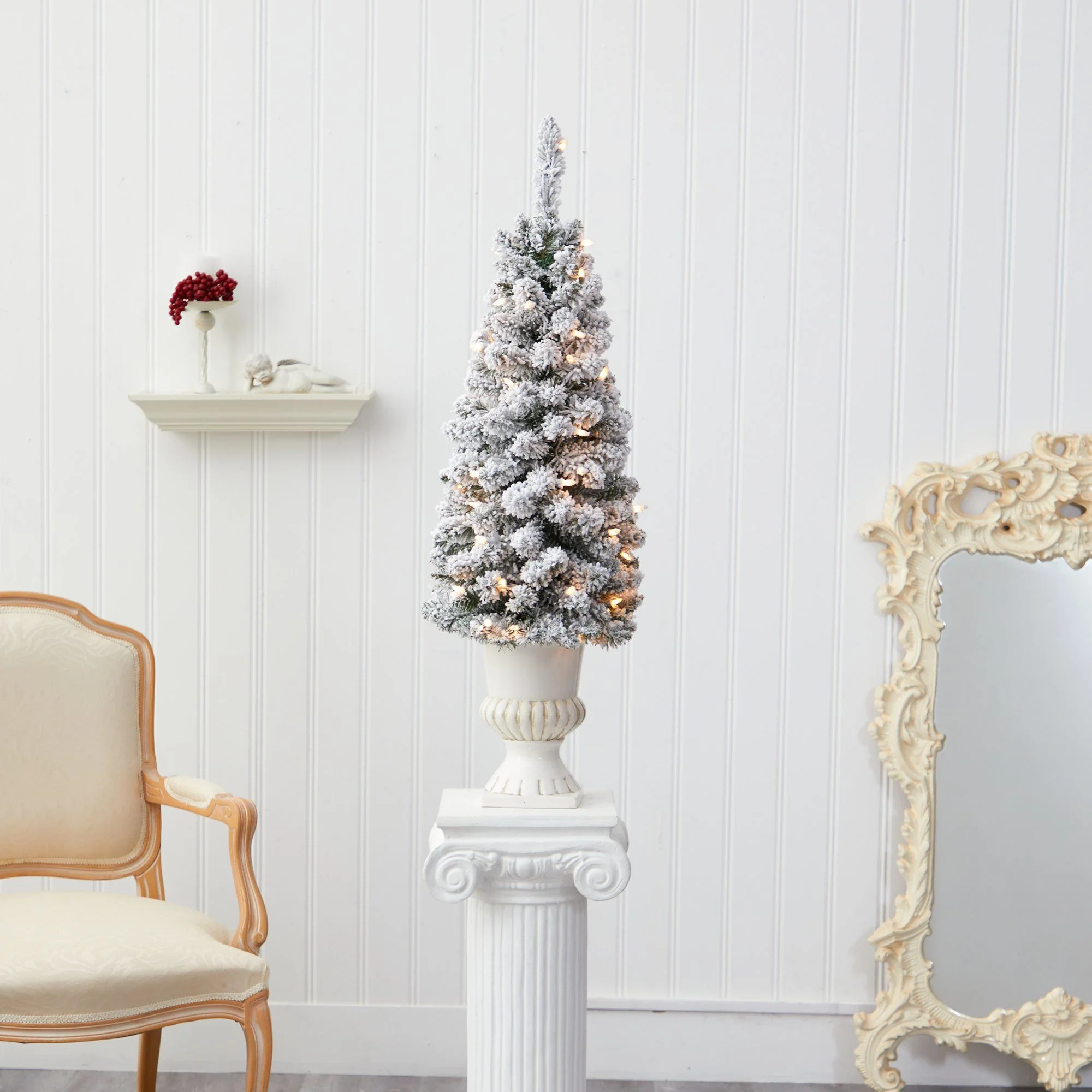 3’ Flocked Pencil Artificial Christmas Tree with 50 Clear Lights and 132 Bendable Branches in White Urn - Image 7