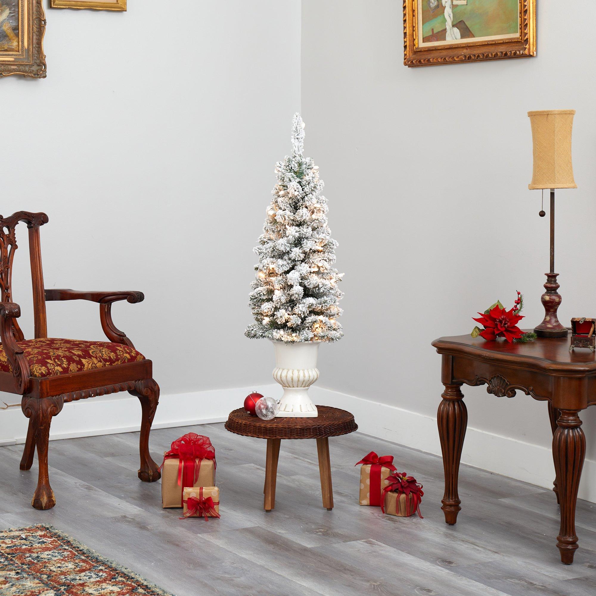 3’ Flocked Pencil Artificial Christmas Tree with 50 Clear Lights and 132 Bendable Branches in White Urn - Image 8