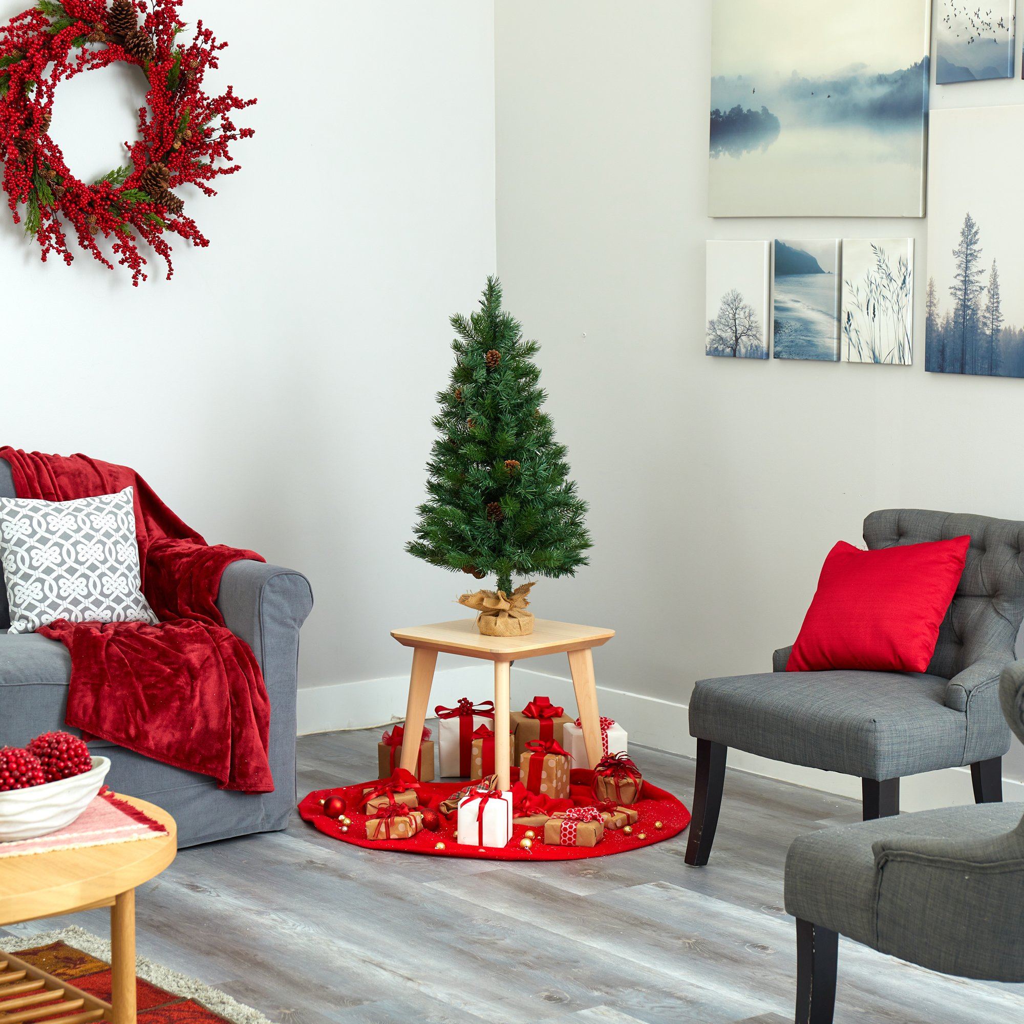 3’ Fraser Fir “Natural Look” Artificial Christmas Tree with 50 Clear LED Lights, Pinecones, a Burlap Base and 90 Bendable Branches - Image 5