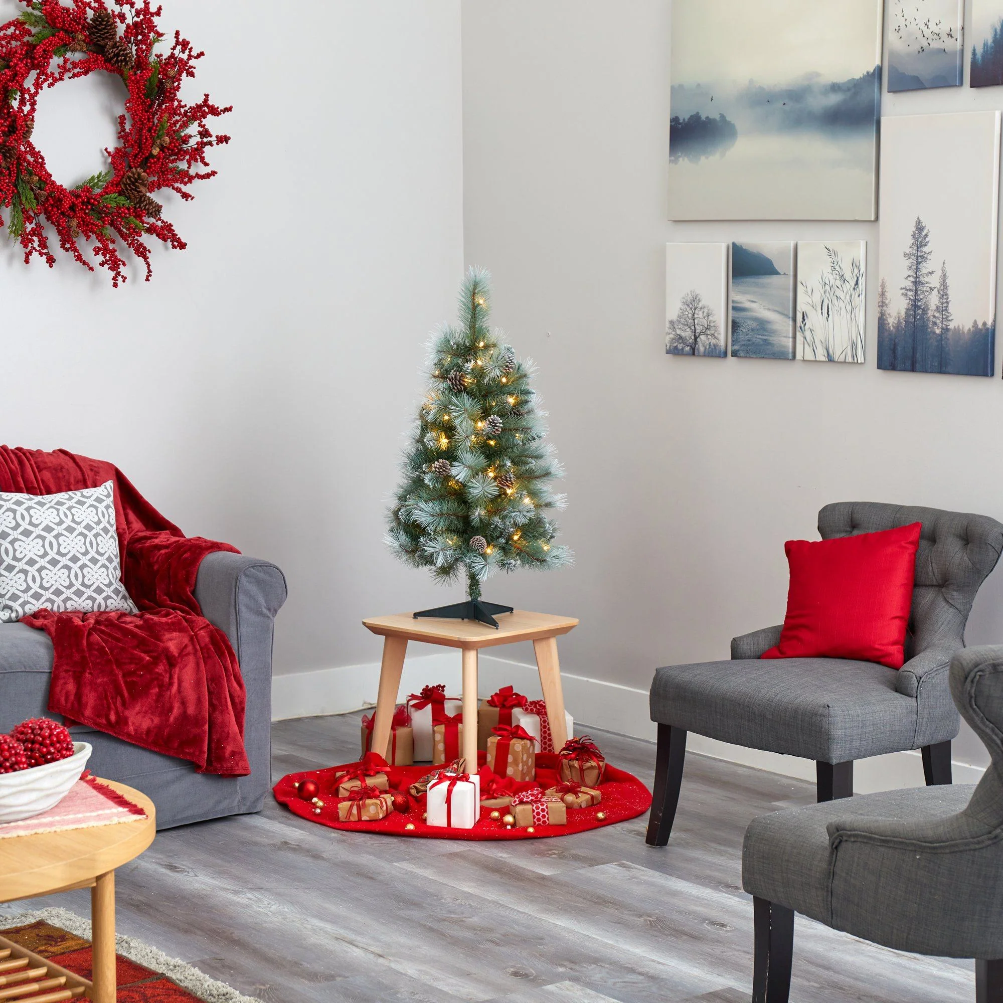 3’ Frosted Tip British Columbia Mountain Pine Artificial Christmas Tree with 50 Clear Lights, Pine Cones and 112 Bendable Branches - Image 6