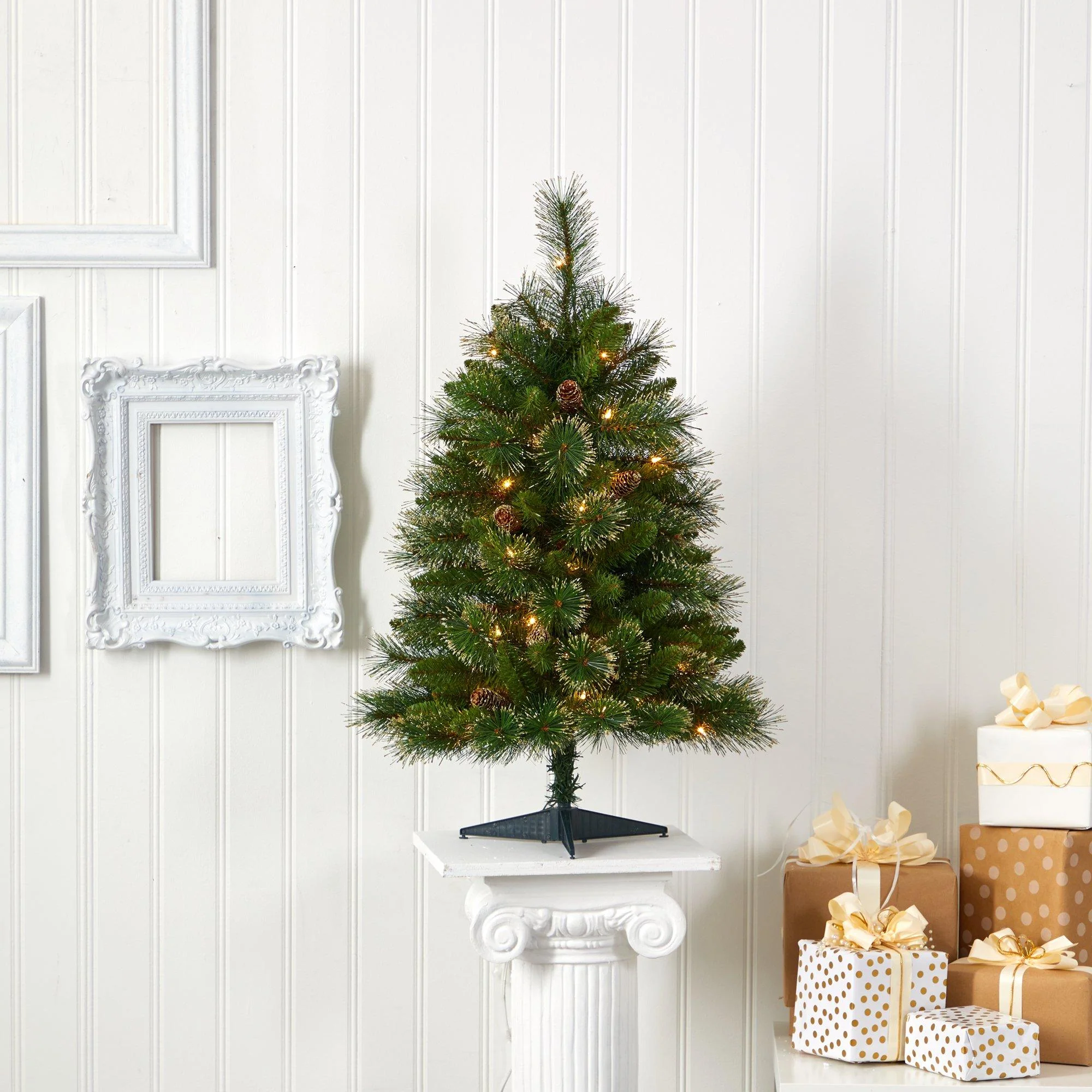 3’ Golden Tip Washington Pine Artificial Christmas Tree with 50 Clear Lights, Pine Cones and 148 Bendable Branches - Image 5