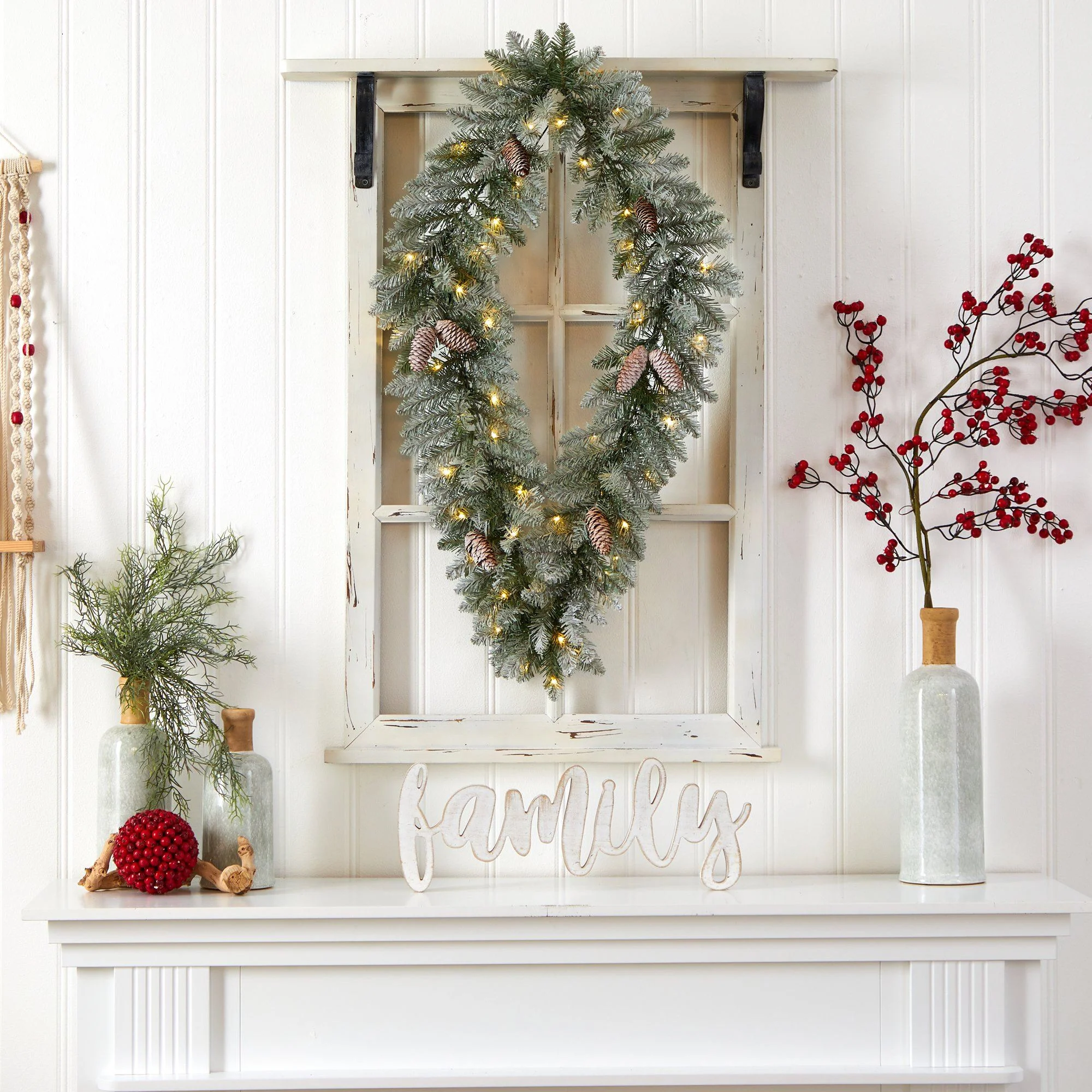 3' Holiday Christmas Geometric Diamond Frosted Wreath with Pinecones and 50 Warm White LED Lights - Image 4
