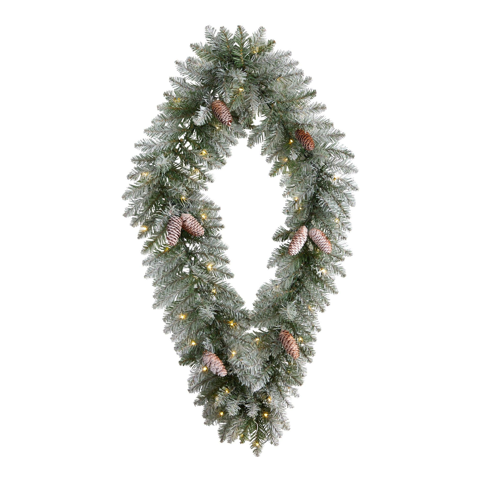 3' Holiday Christmas Geometric Diamond Frosted Wreath with Pinecones and 50 Warm White LED Lights - Image 5