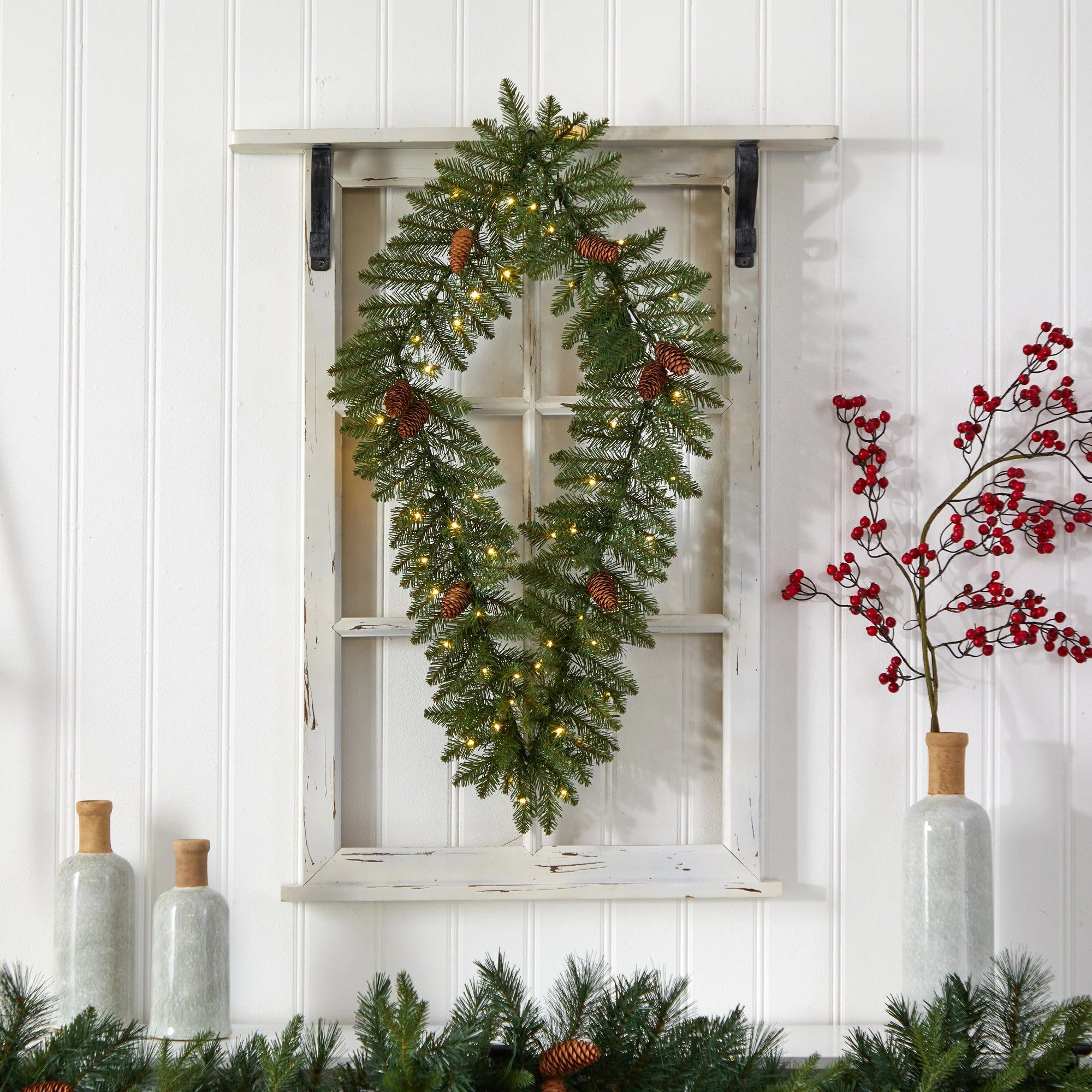 3' Holiday Christmas Geometric Diamond Wreath with Pinecones and 50 Warm White LED Lights - Image 5