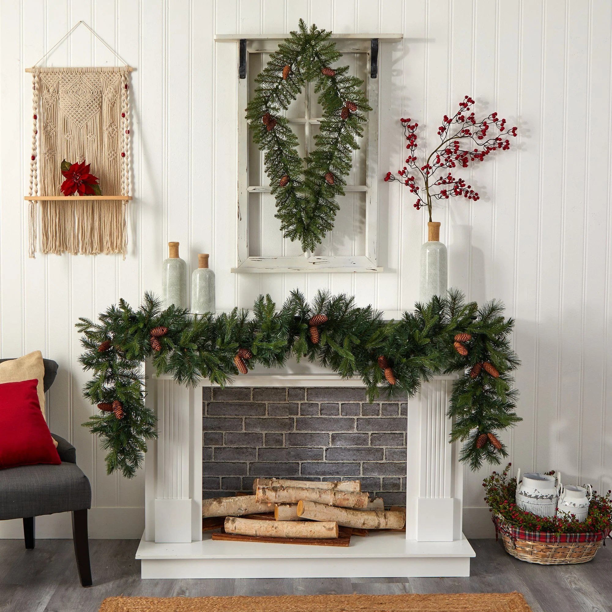 3' Holiday Christmas Geometric Diamond Wreath with Pinecones and 50 Warm White LED Lights - Image 6