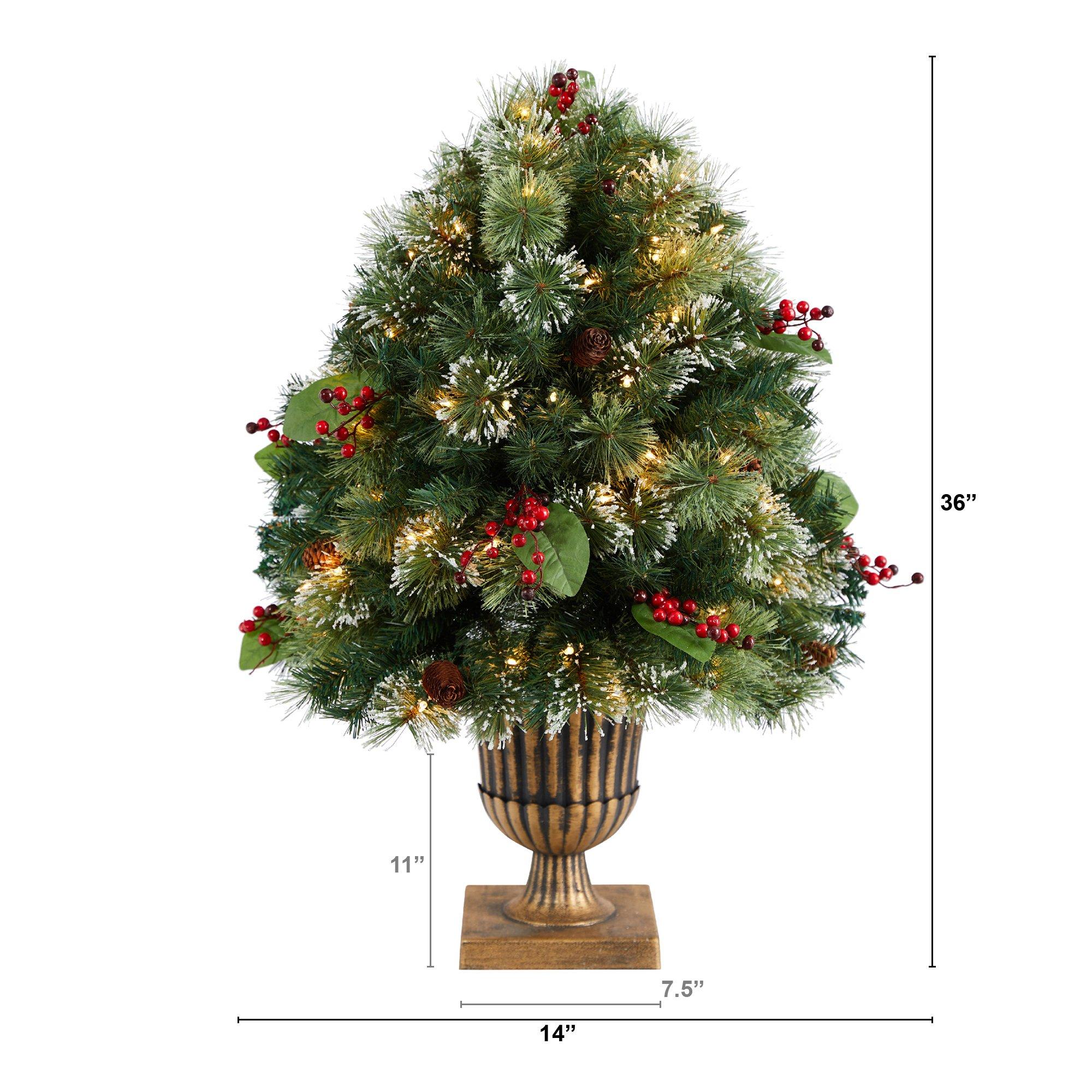 3' Holiday Pre-Lit Snow Tip Greenery, Berries and Pinecones Plant in Urn with 100 LED Lights - Image 2