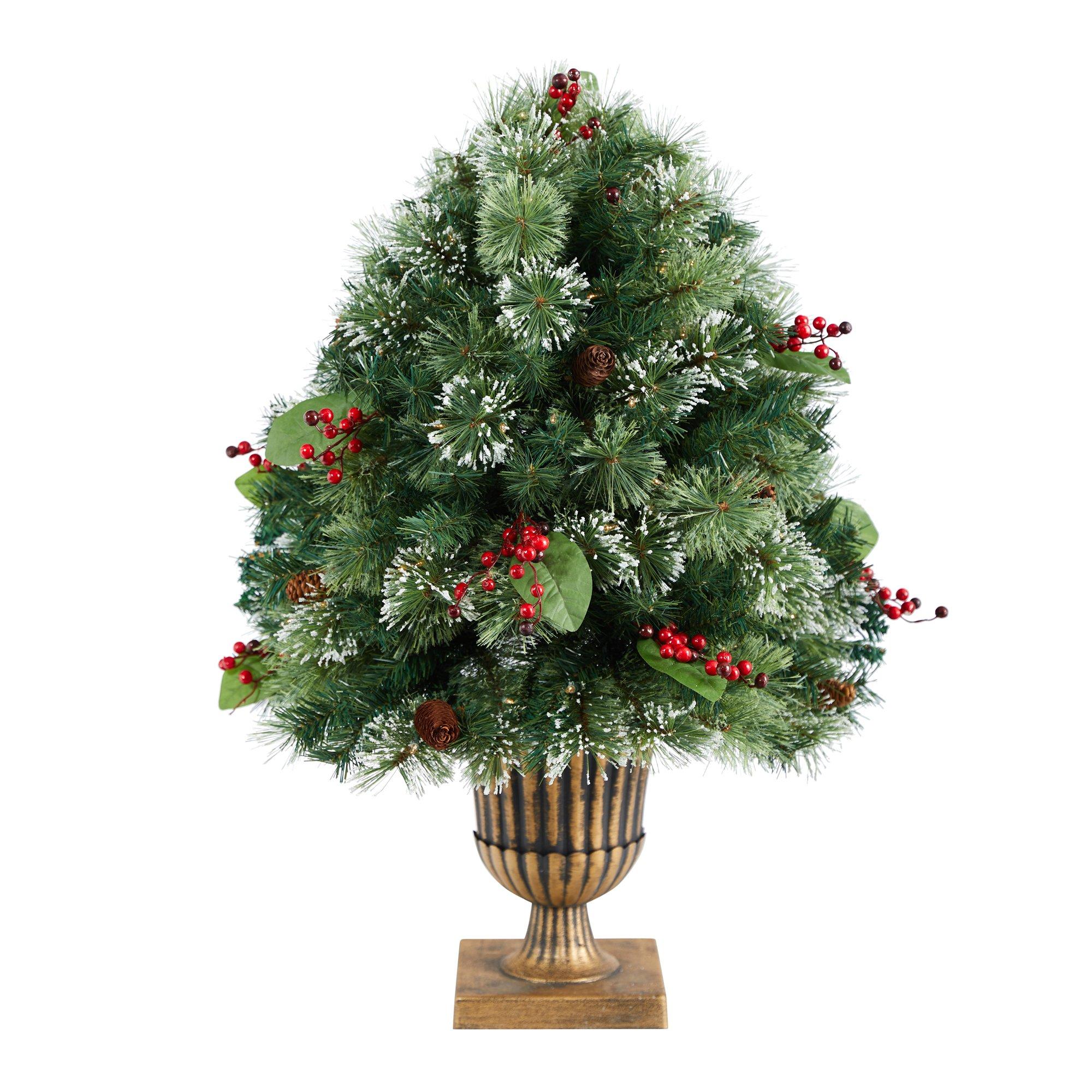 3' Holiday Pre-Lit Snow Tip Greenery, Berries and Pinecones Plant in Urn with 100 LED Lights - Image 3