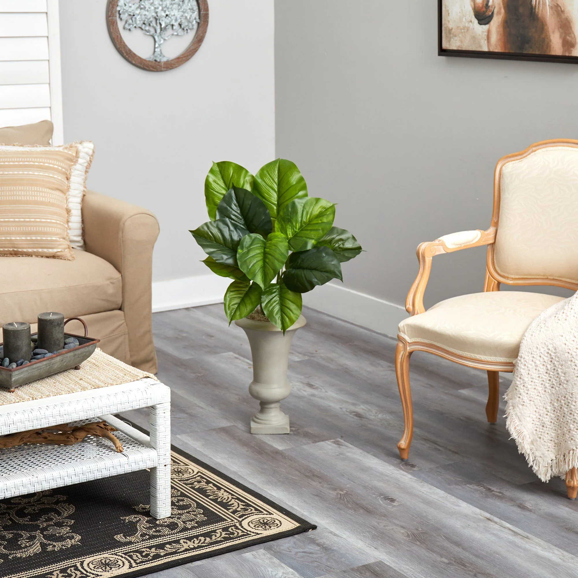 3’ Large Philodendron Leaf Artificial Plant in Sand Colored Urn - Image 4