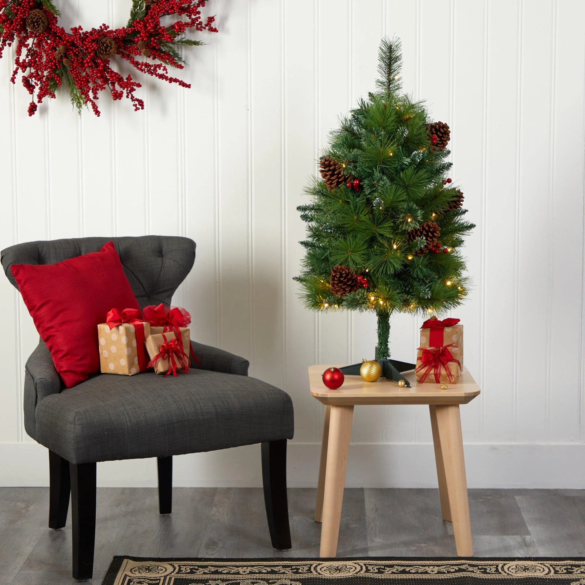 3’ Montana Mixed Pine Artificial Christmas Tree with Pine Cones, Berries and 50 Clear LED Lights - Image 5