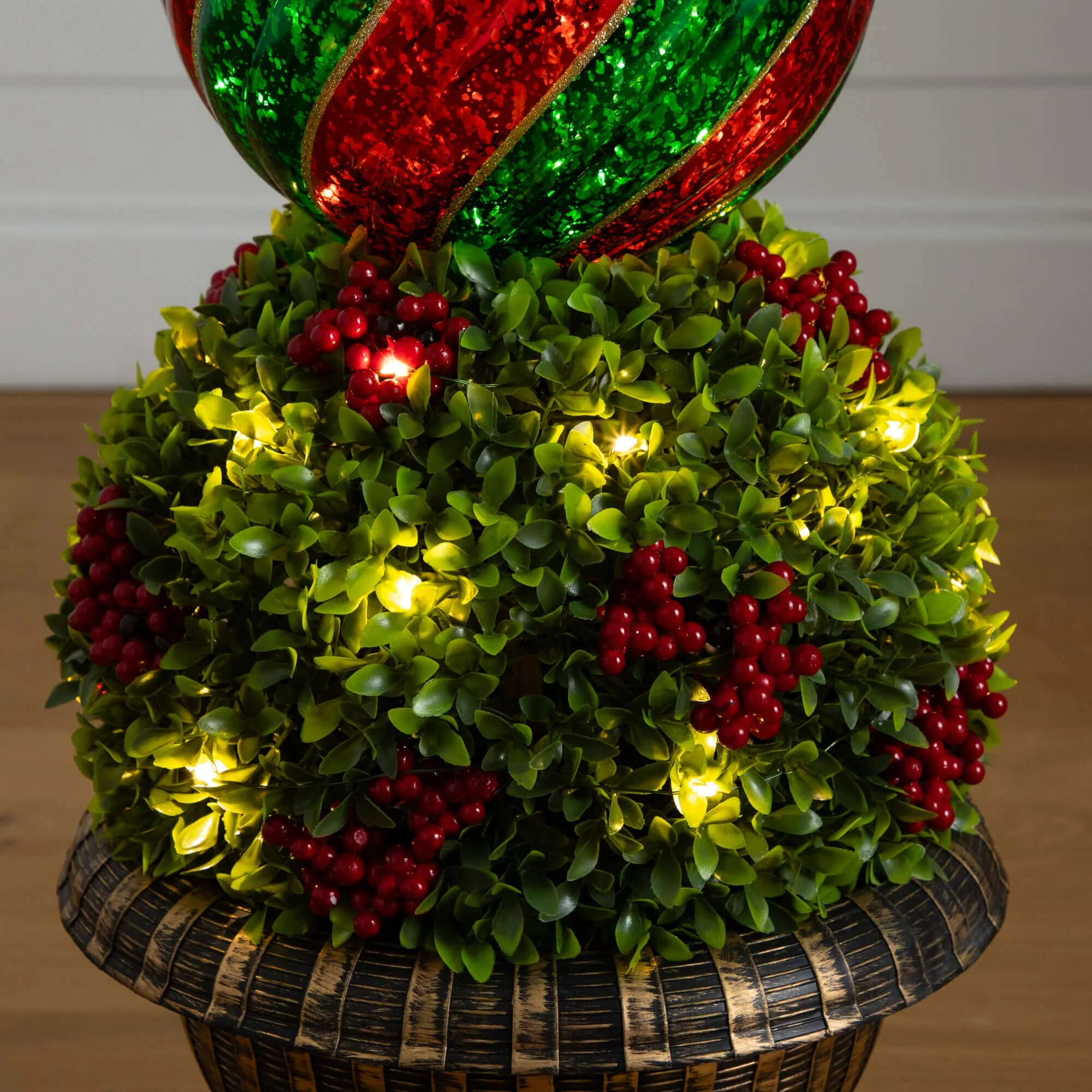 3' Pre-Lit Artificial Christmas Ornament Boxwood Topiary Tree with 70 Warm White LED Lights - Image 3