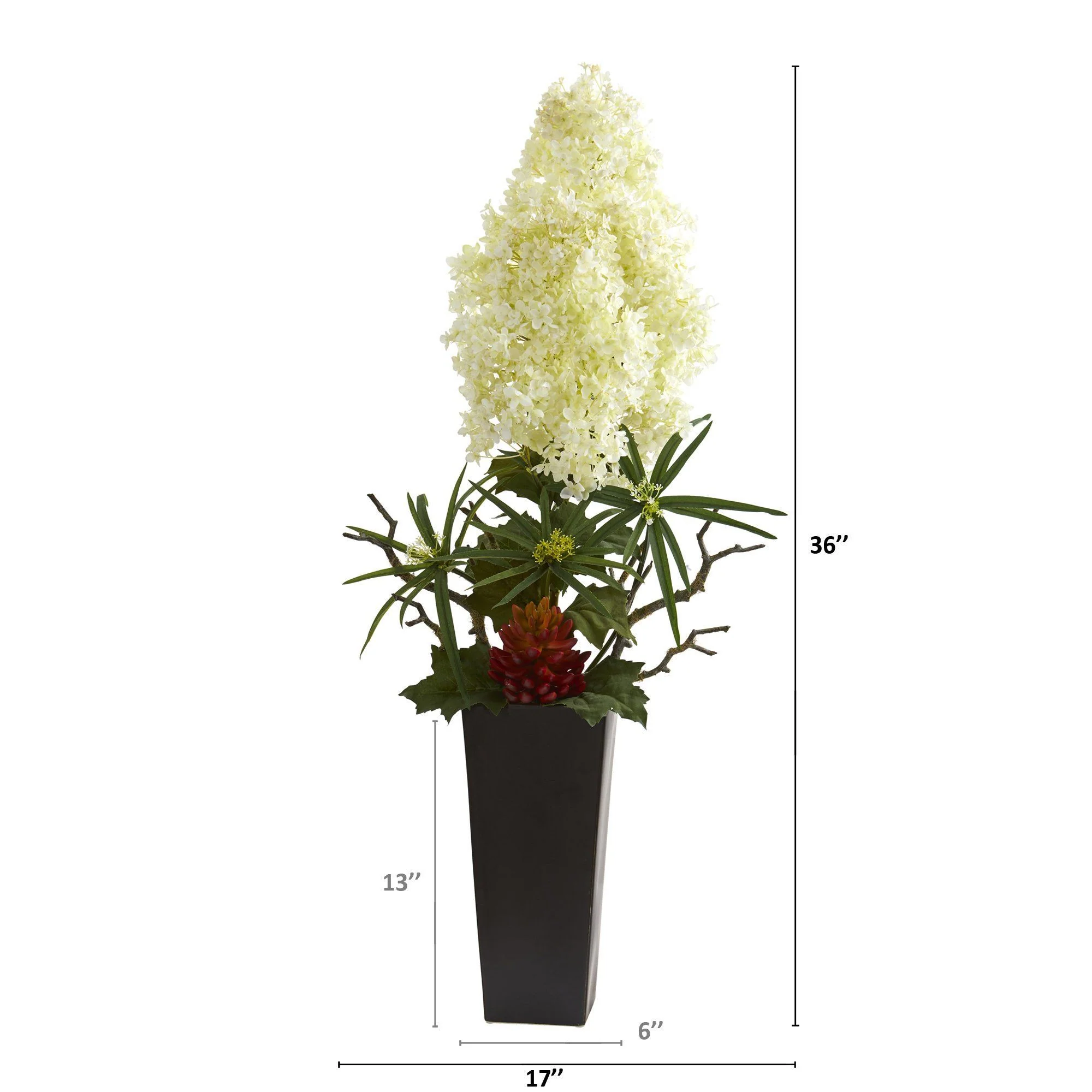 3’ Peegee Hydrangea and Succulent Artificial Arrangement in Black Vase - Image 2