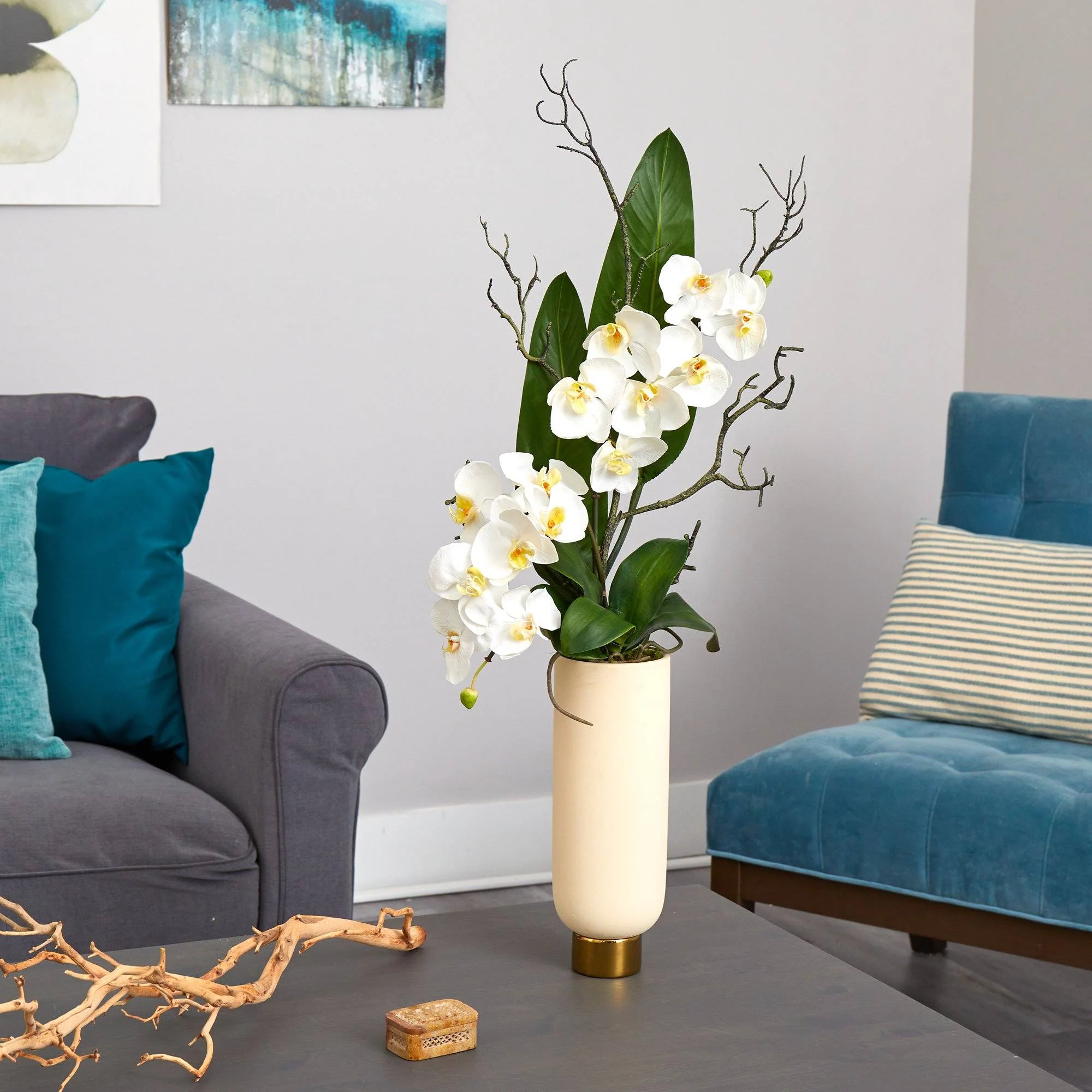 3’ Phalaenopsis Orchid Artificial Arrangement in Cream Vase with Gold Base - Image 3