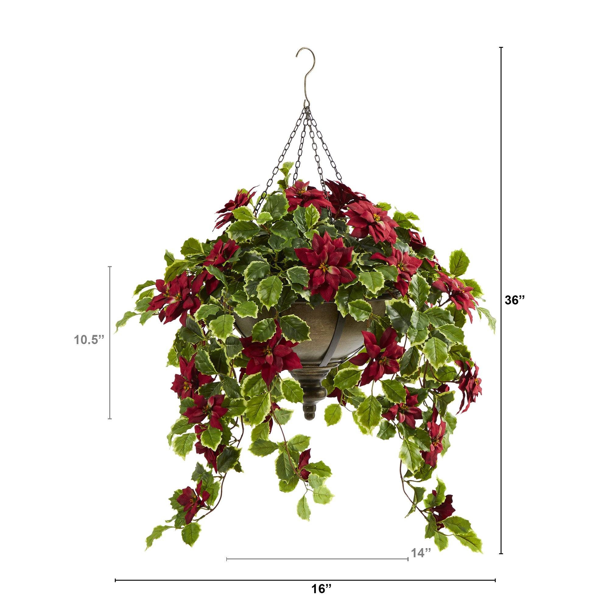 3’ Poinsettia and Variegated Holly Artificial Plant in Metal Hanging Bowl (Real Touch) - Image 2