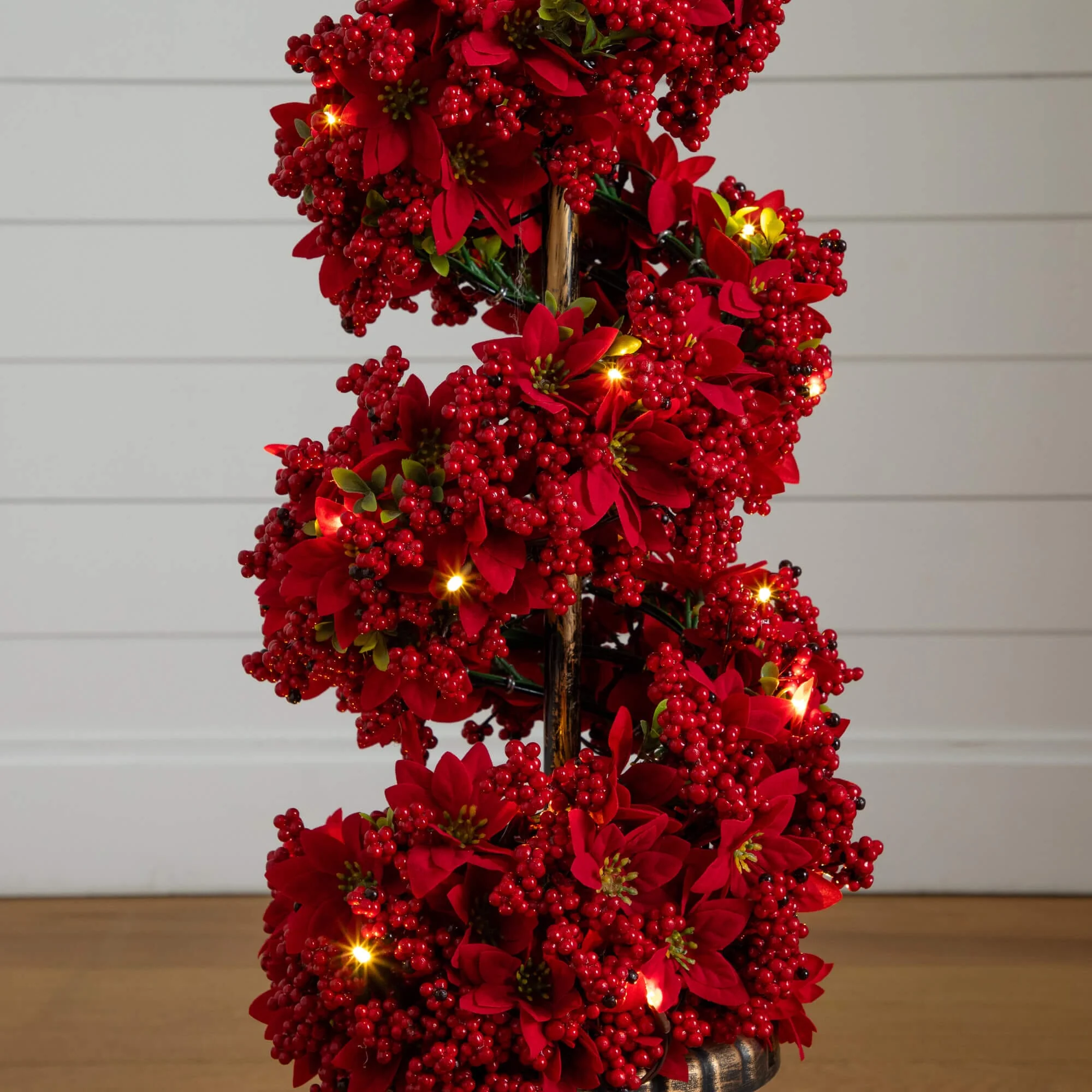 3' Pre-Lit Artificial Christmas Poinsettias and Berries Spiral Topiary Tree with 30 Warm White LED Lights - Image 2