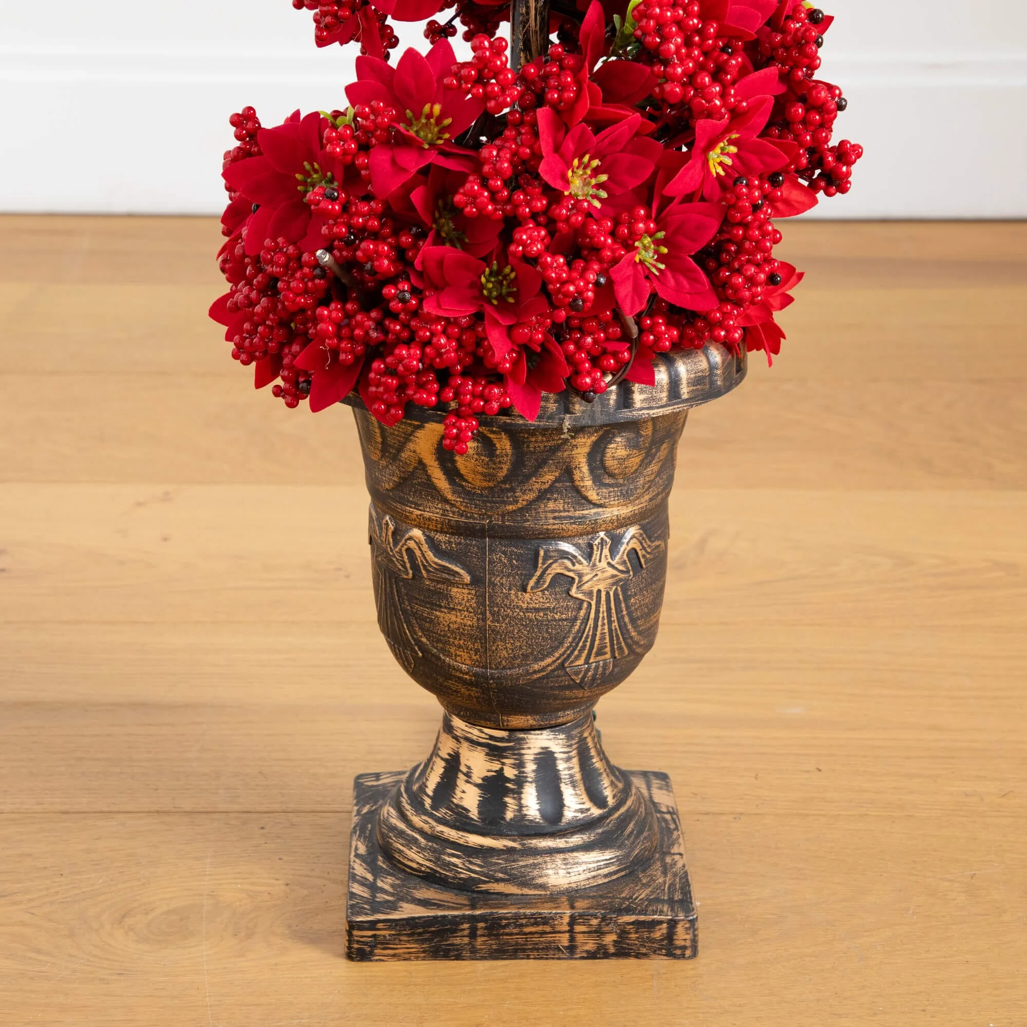 3' Pre-Lit Artificial Christmas Poinsettias and Berries Spiral Topiary Tree with 30 Warm White LED Lights - Image 6