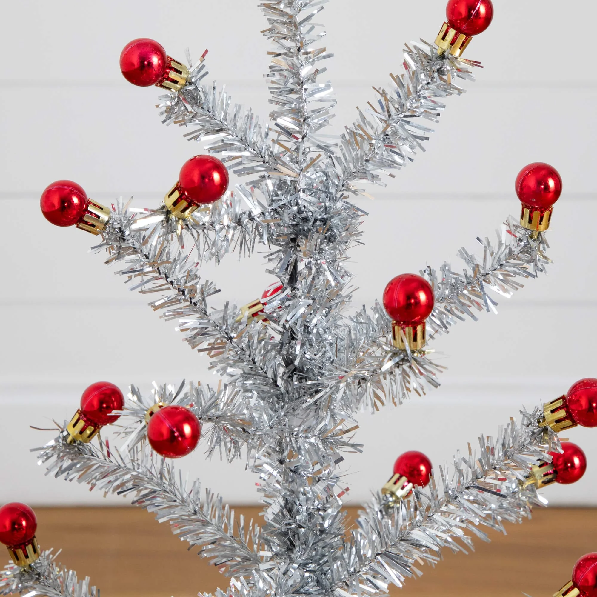 3' Artificial Retro Silver Tinsel  Christmas Tree with 45 Red Mini Ornament Balls and Wooden Base - Image 2