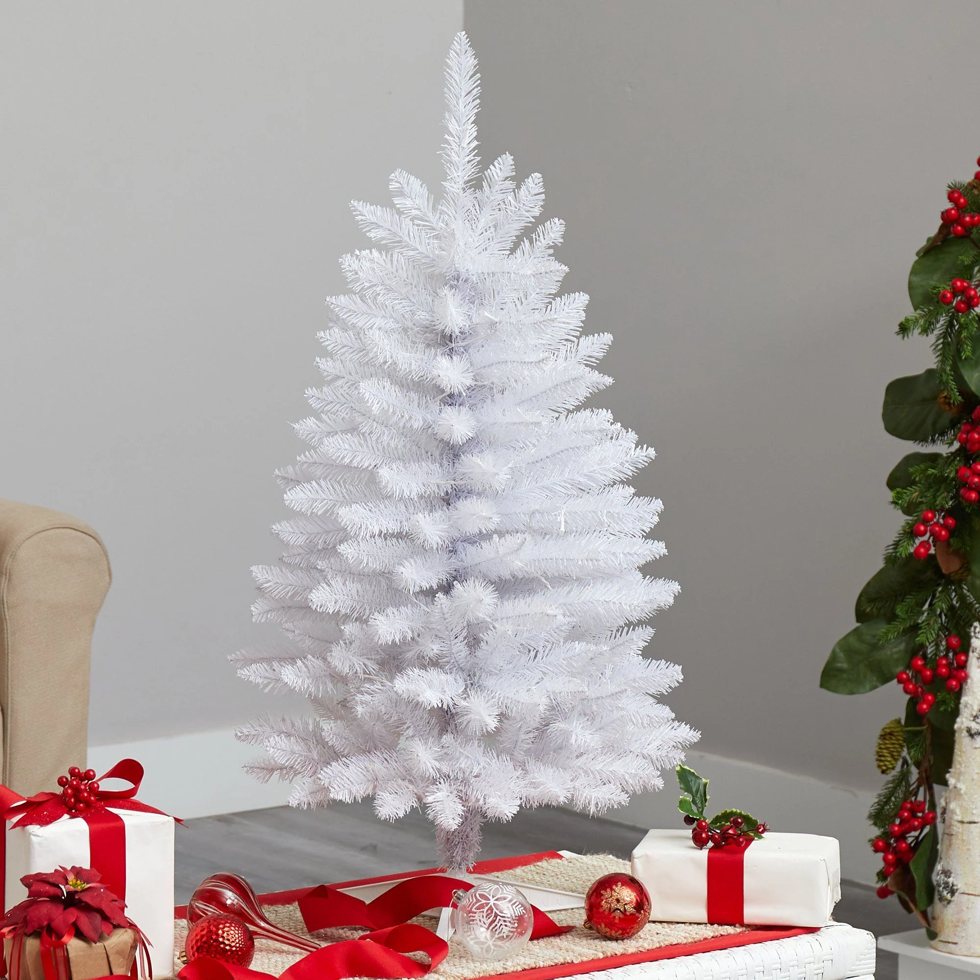 3’ Slim White Artificial Christmas Tree with 50 Warm White LED Lights and 161 Bendable Branches - Image 8