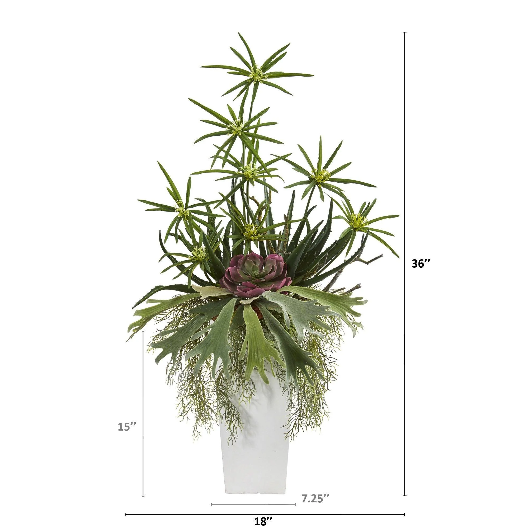 3’ Staghorn, Succulent and Cyperus Artificial Plant in White Planter - Image 2