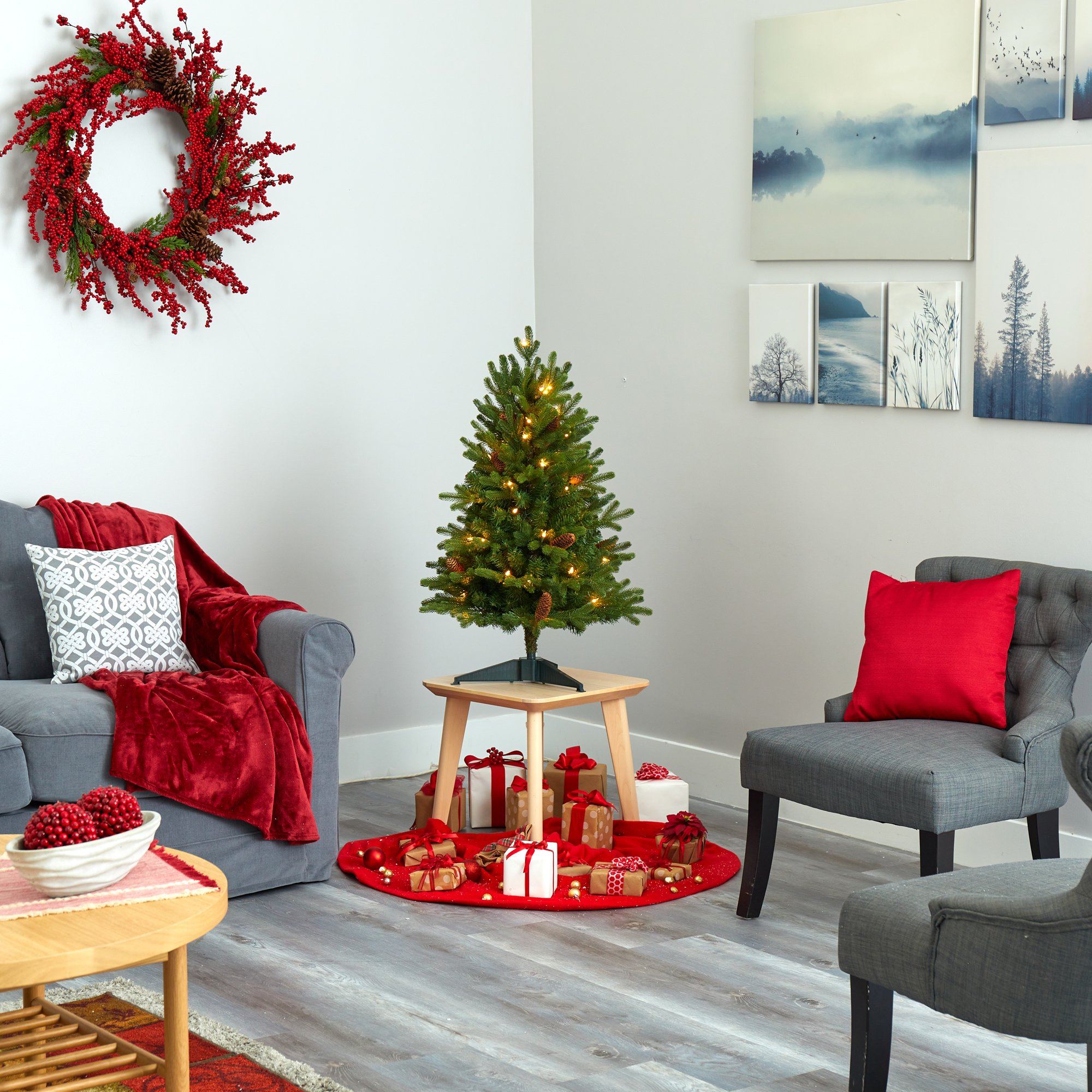3’ Yukon Mountain Fir Artificial Christmas Tree with 50 Clear Lights and Pine Cones - Image 6
