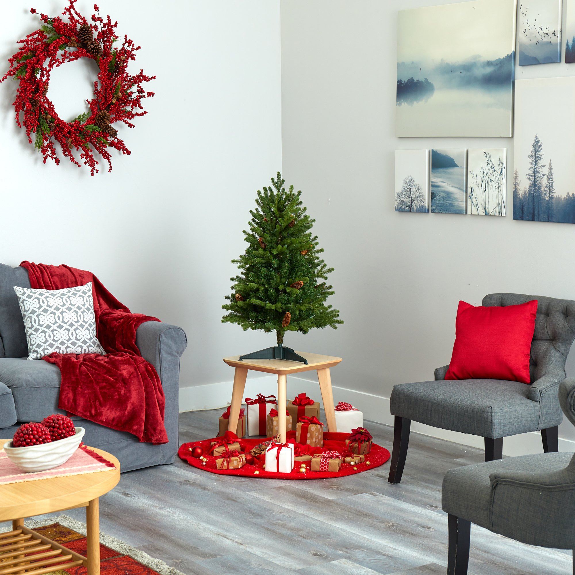 3’ Yukon Mountain Fir Artificial Christmas Tree with 50 Clear Lights and Pine Cones - Image 7