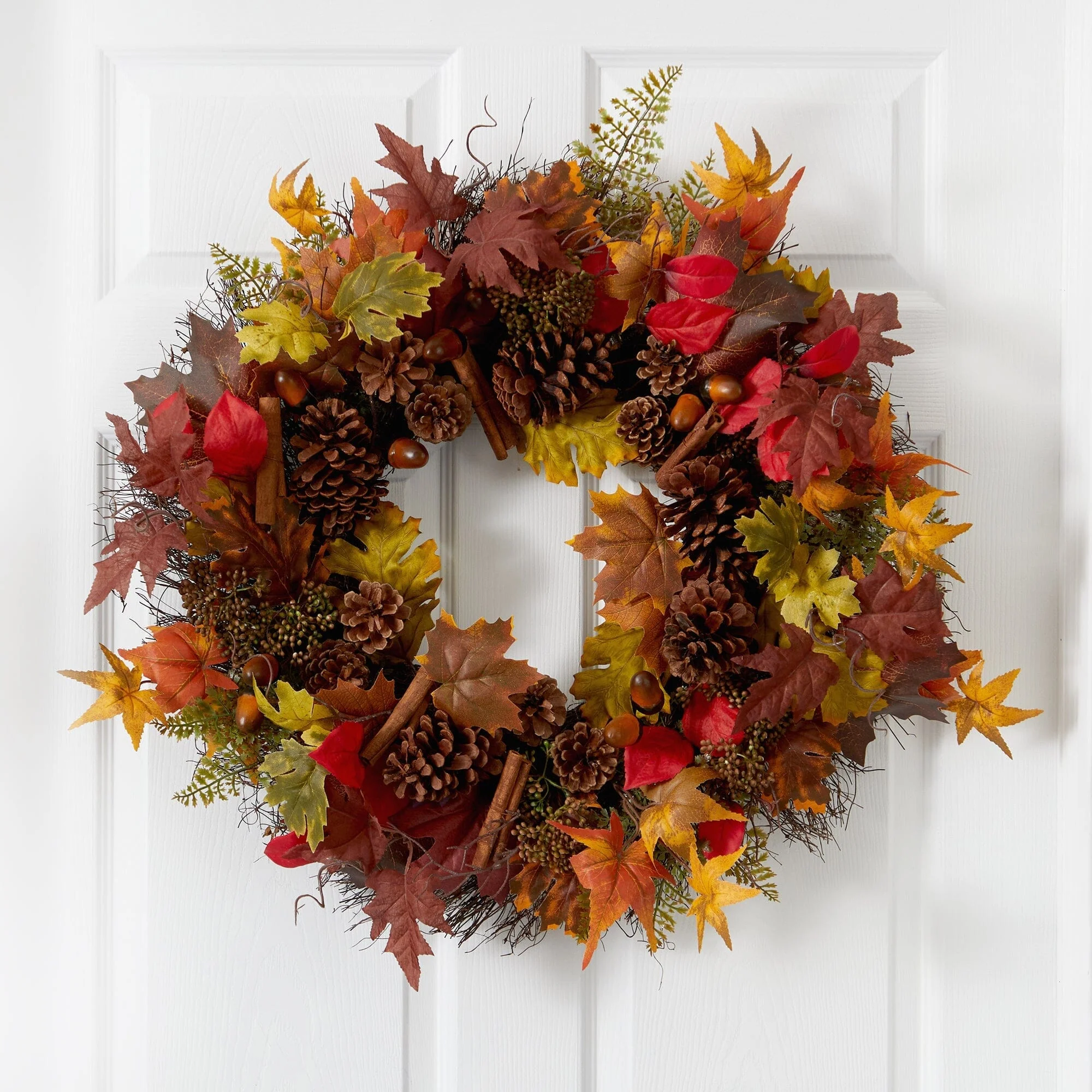 30” Autumn Maple Leaves, Acorn, Pinecones and Cinnamon Sticks Artificial Fall Wreath - Image 2