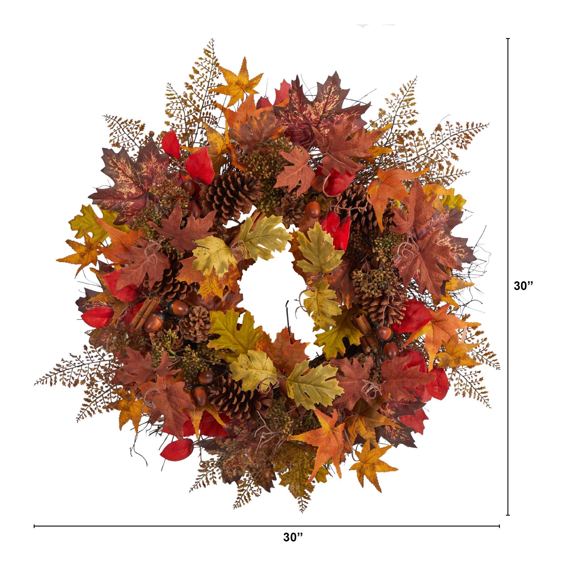 30” Autumn Maple Leaves, Acorn, Pinecones and Cinnamon Sticks Artificial Fall Wreath - Image 3