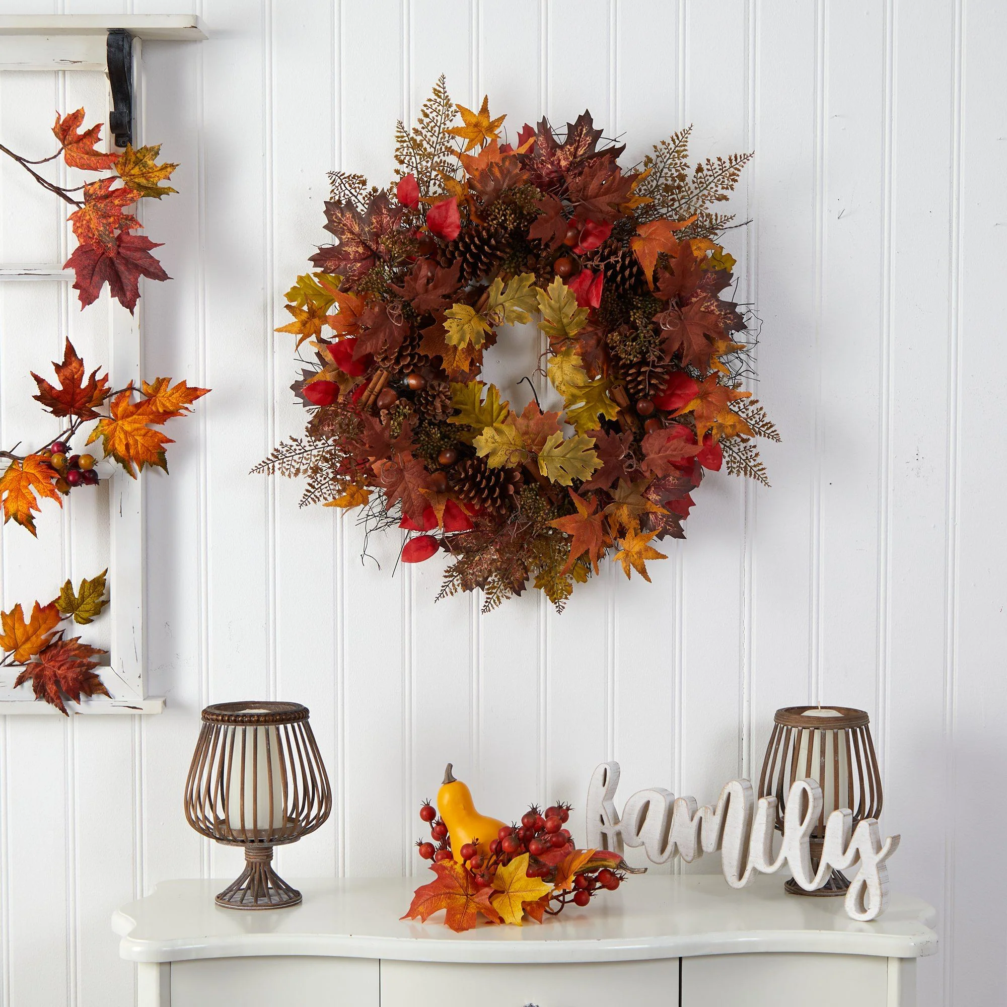 30” Autumn Maple Leaves, Acorn, Pinecones and Cinnamon Sticks Artificial Fall Wreath - Image 4