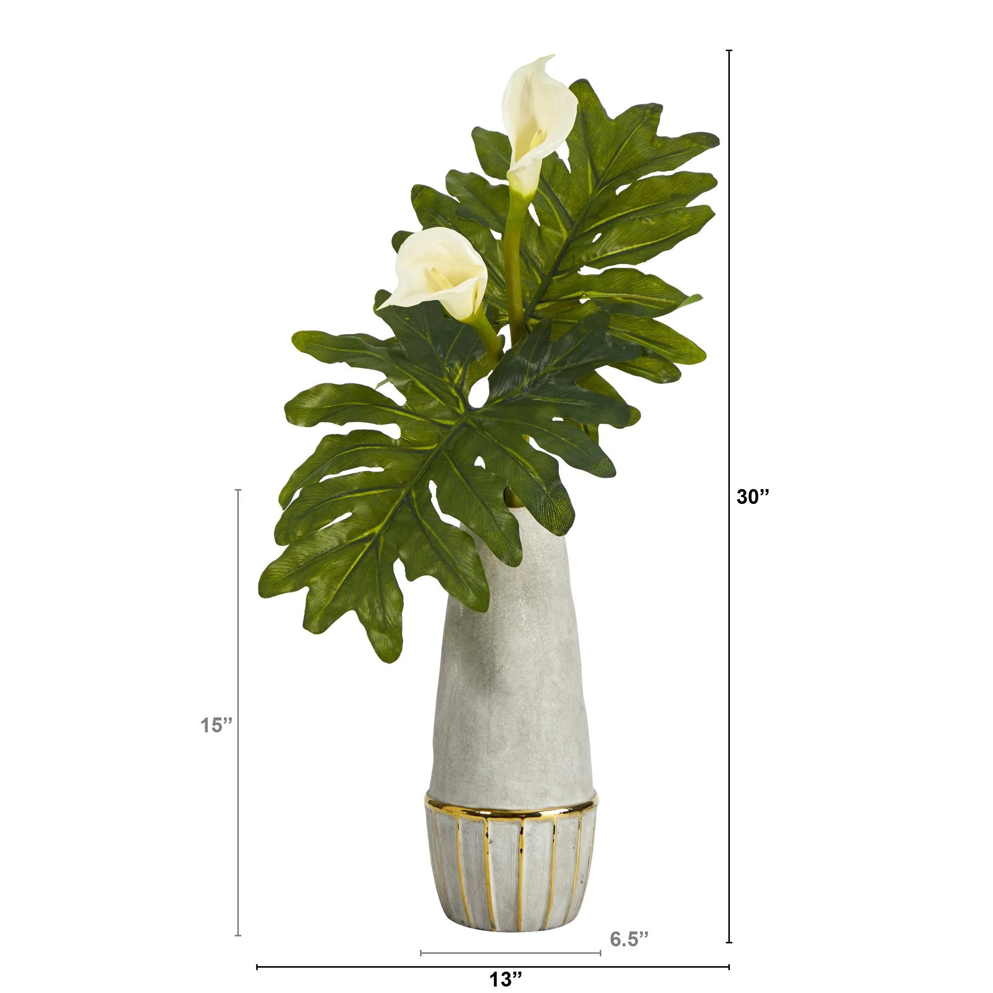 30” Calla Lily Artificial Arrangement in Stoneware Oval Vase with Gold Trimming - Image 2