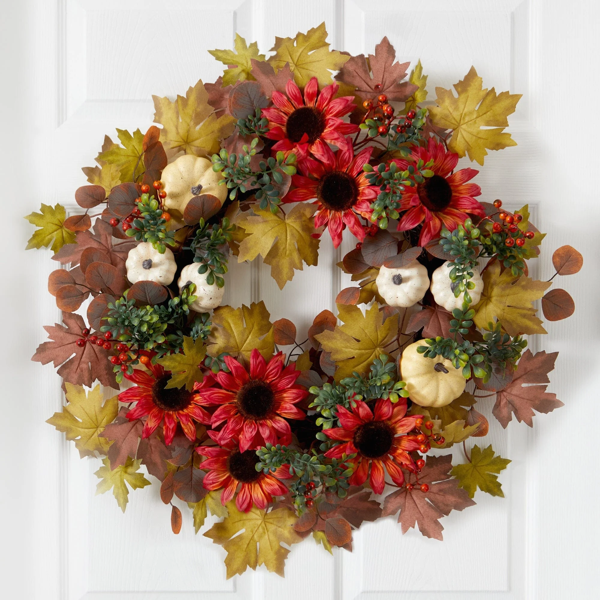 30” Artificial Fall Acorn, Sunflower, Berries and Autumn Foliage Wreath - Image 2