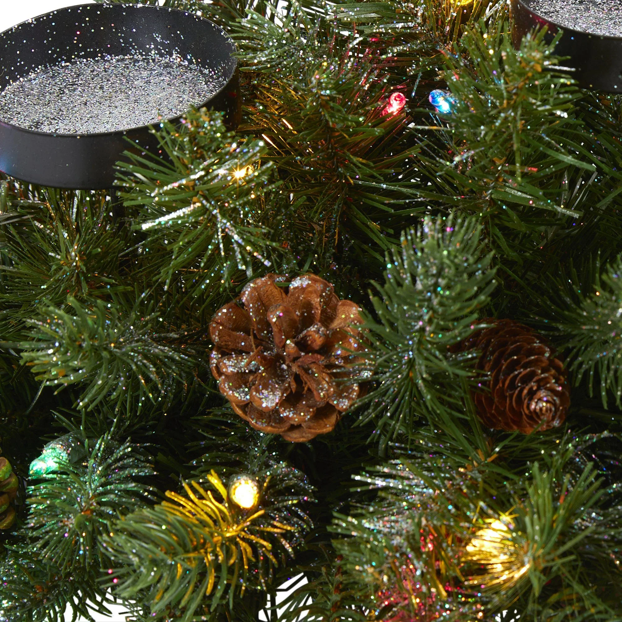 30” Flocked and Glittered Artificial Christmas Triple Candelabrum with 35 Multicolored Lights and Pine Cones - Image 3