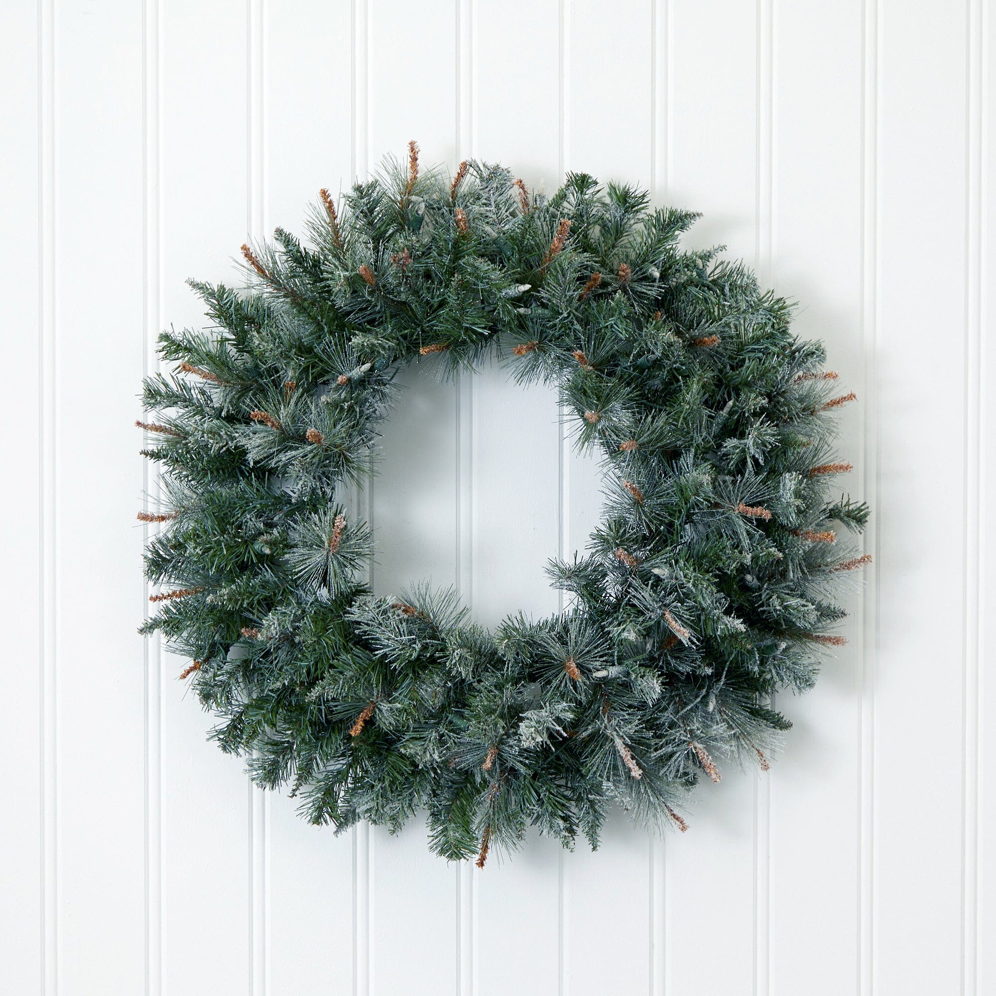 30” Lighted Frosted Pine Wreath - Image 3