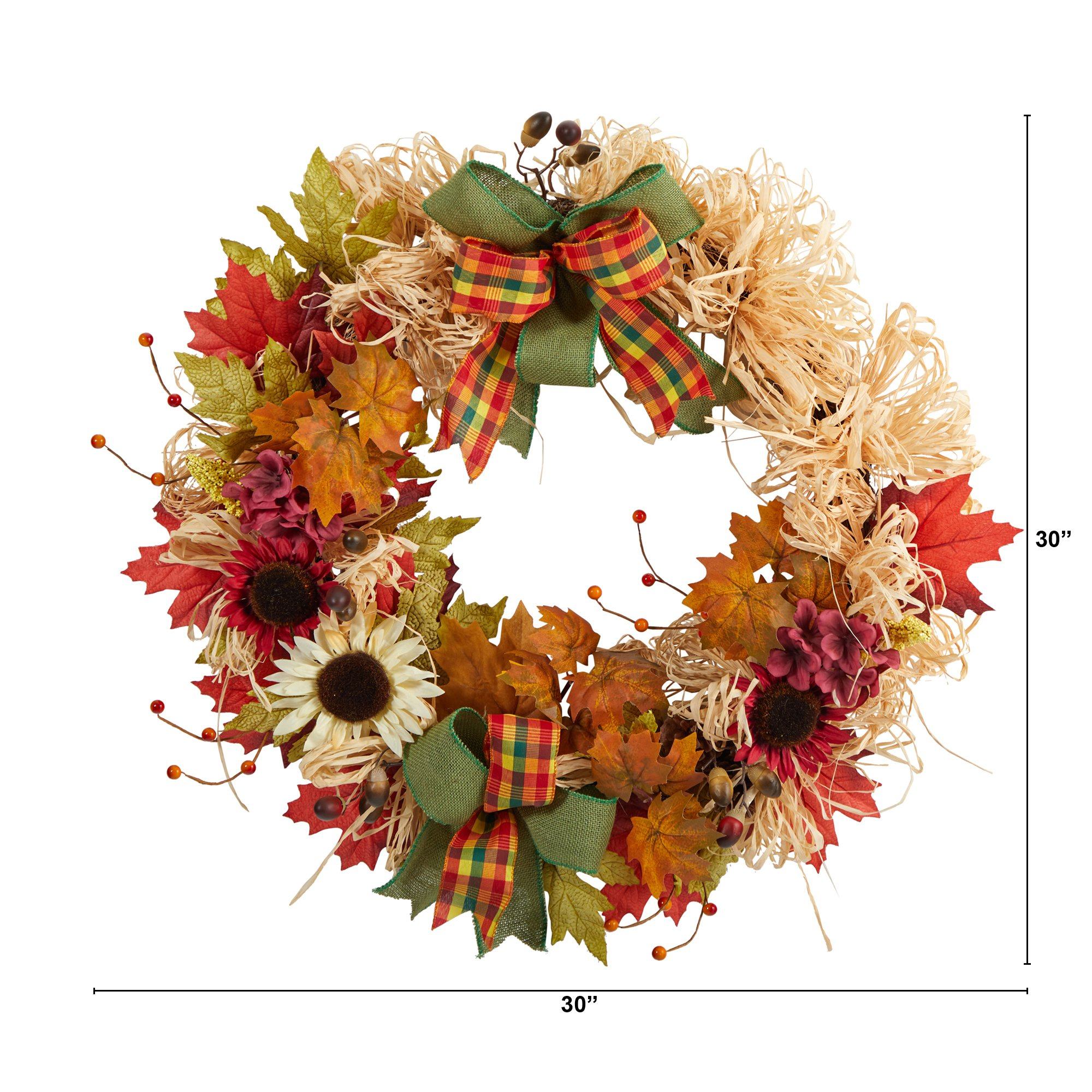 30” Harvest Autumn Sunflower, Maple Leaves and Berries Artificial Fall Wreath with Decorative Bows - Image 3