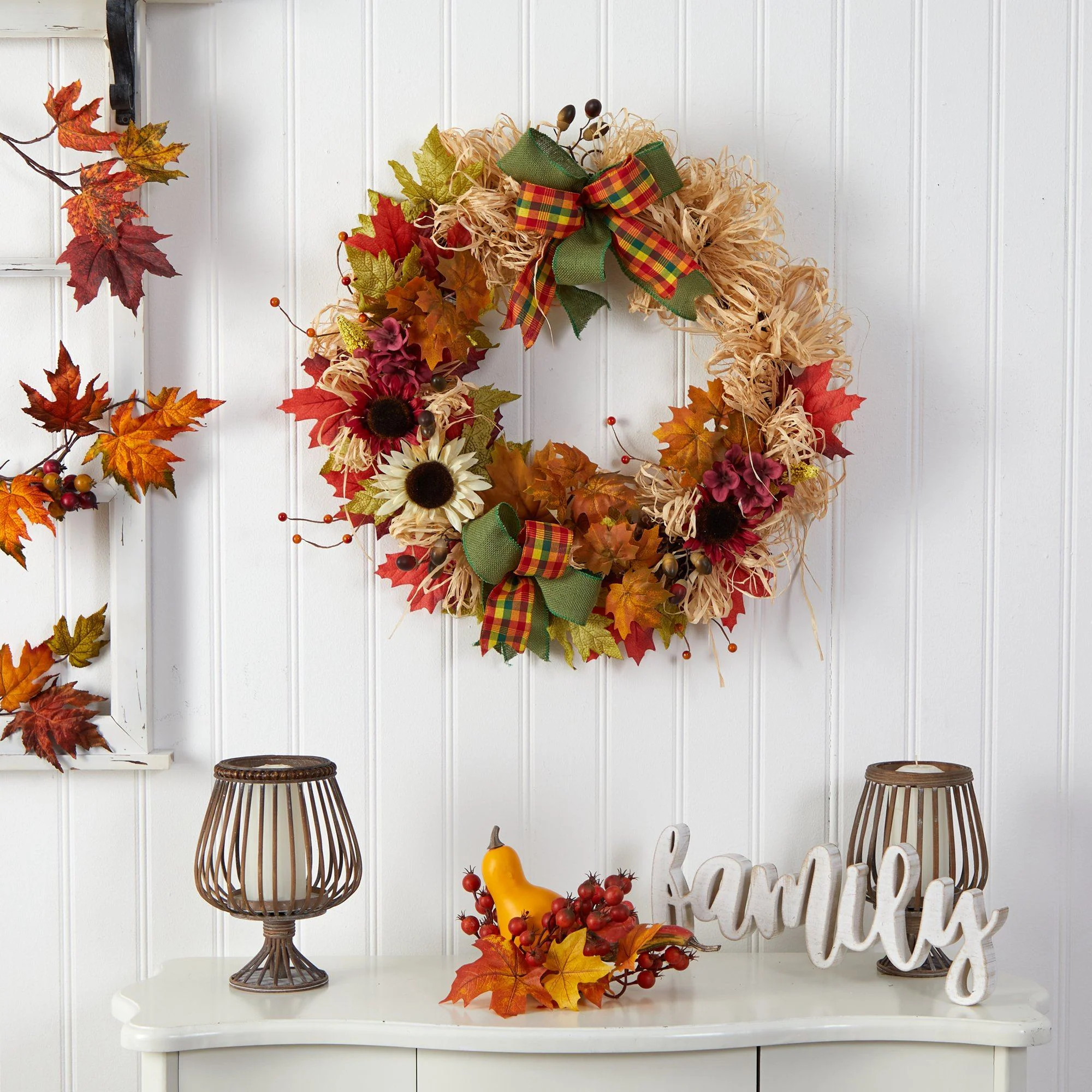 30” Harvest Autumn Sunflower, Maple Leaves and Berries Artificial Fall Wreath with Decorative Bows - Image 4