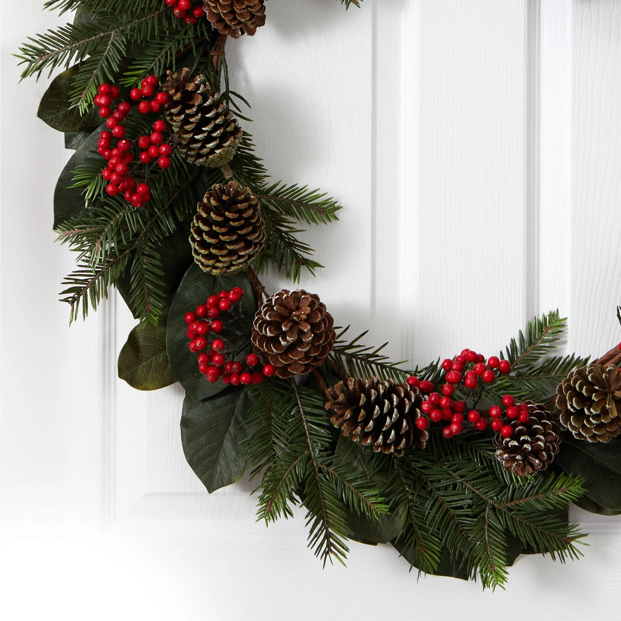 30” Magnolia Leaf, Berry, Pine and Pine Cone Artificial Wreath - Image 2