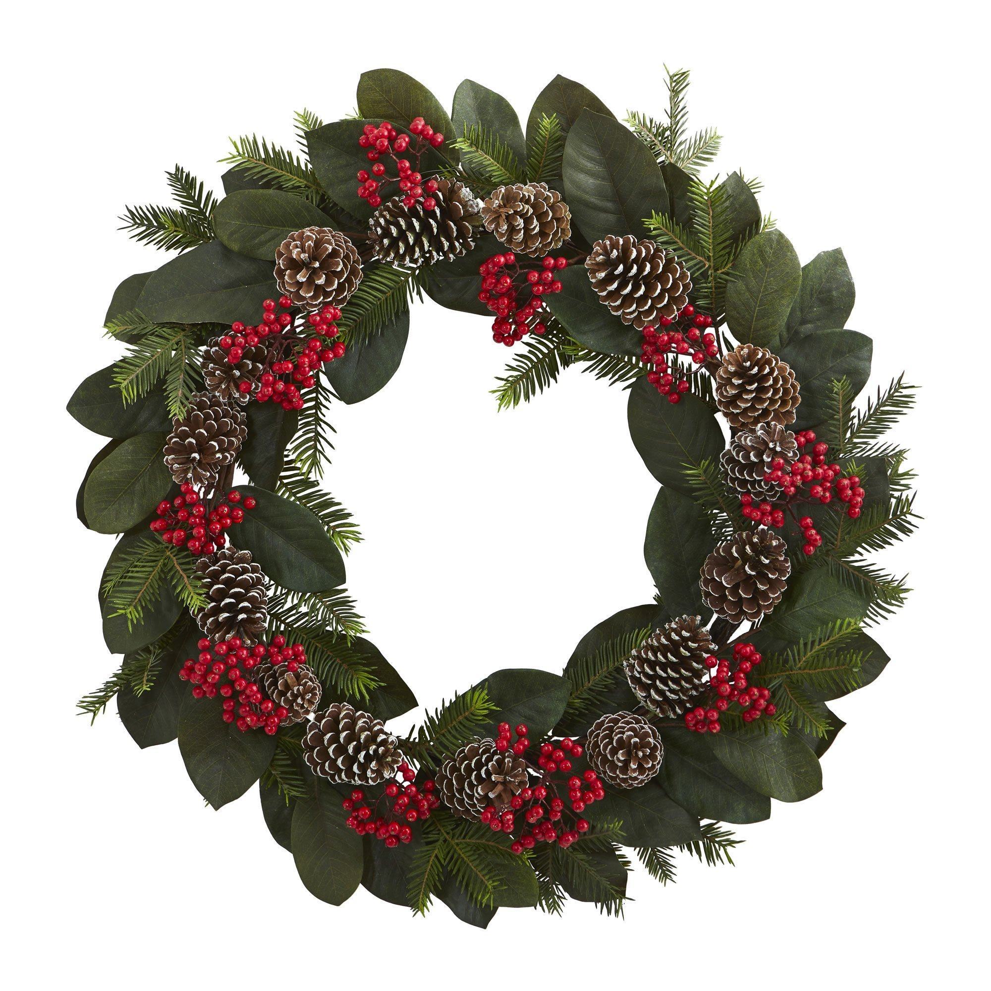 30” Magnolia Leaf, Berry, Pine and Pine Cone Artificial Wreath - Image 3