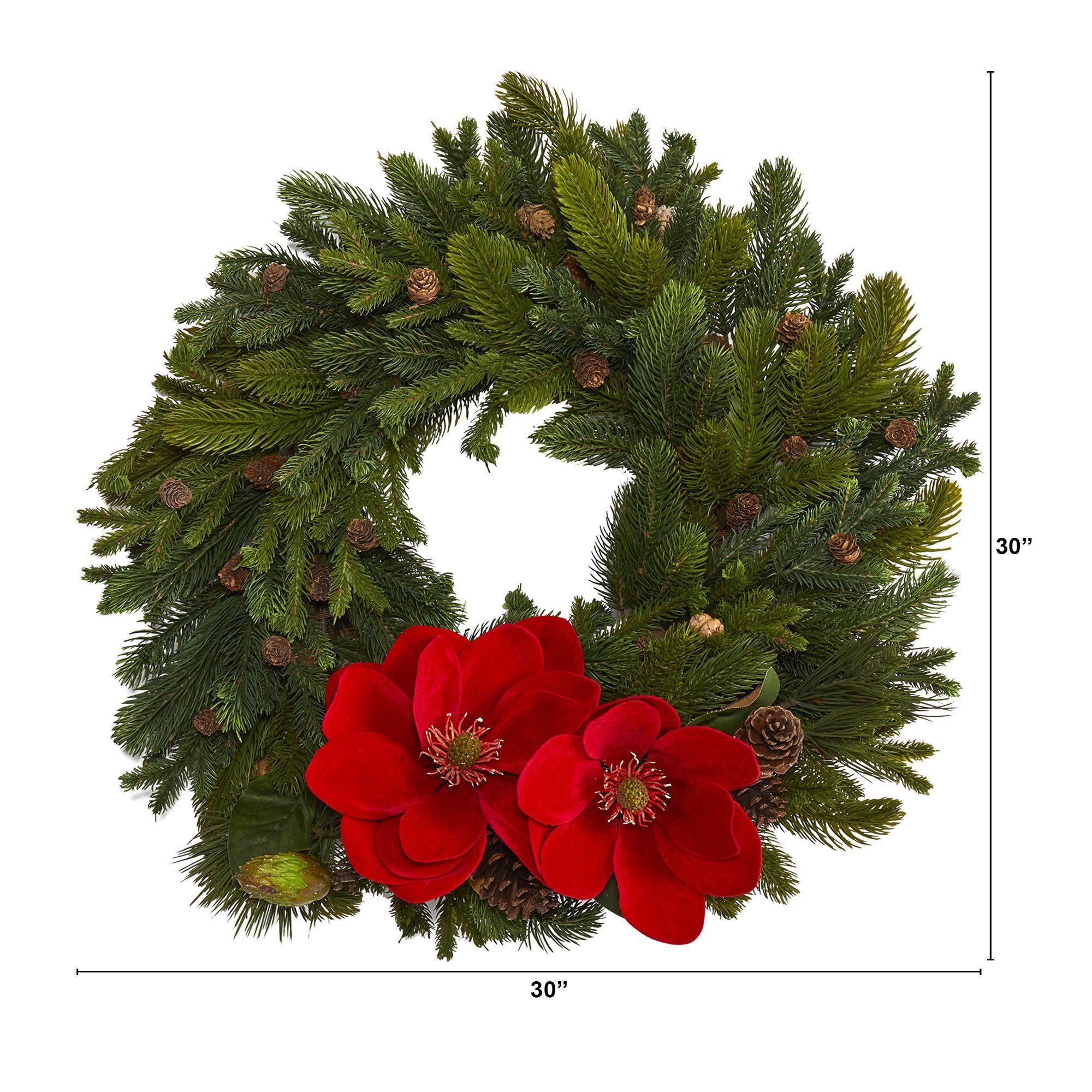 30” Magnolia, Pine and Pinecone Artificial Wreath - Image 2