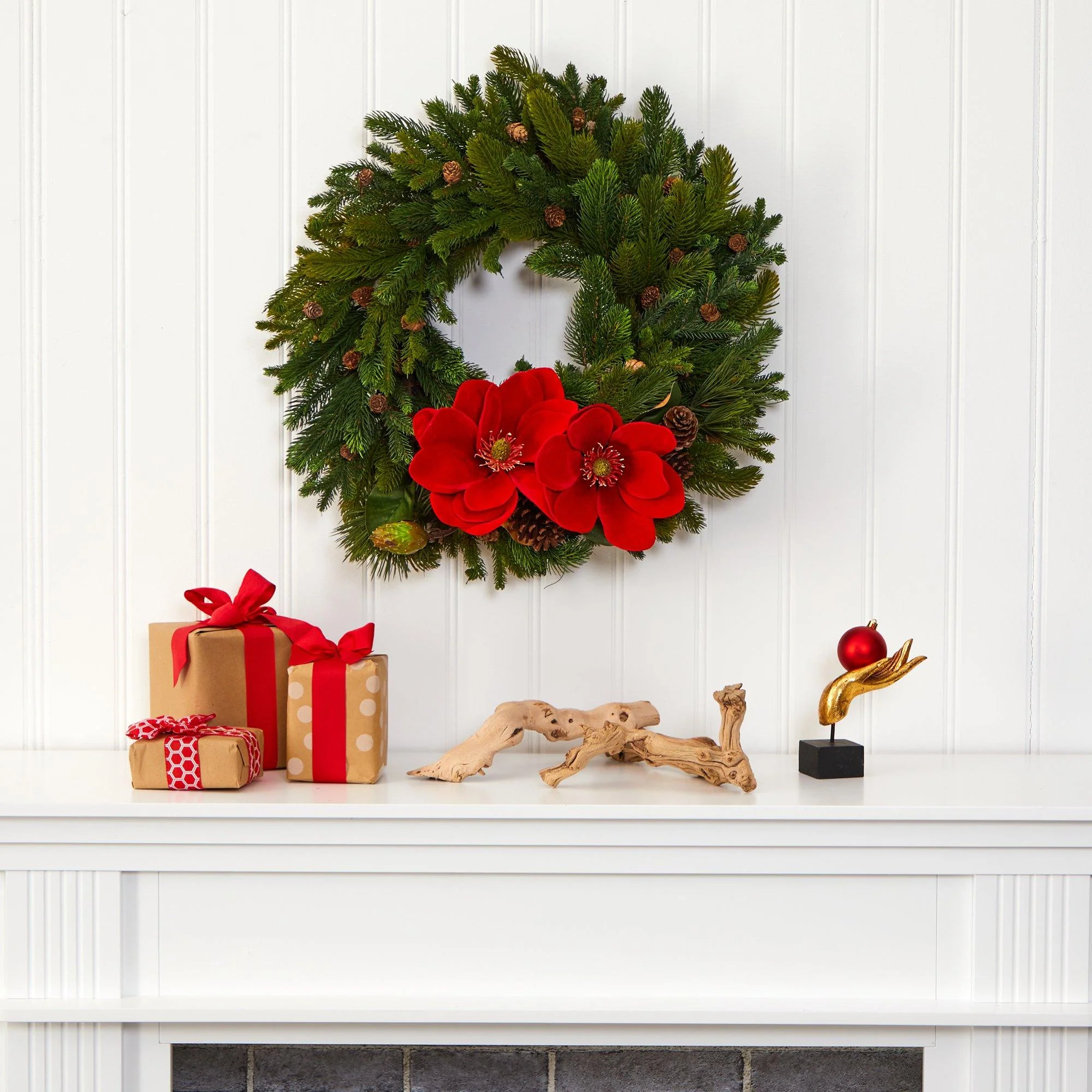 30” Magnolia, Pine and Pinecone Artificial Wreath - Image 3