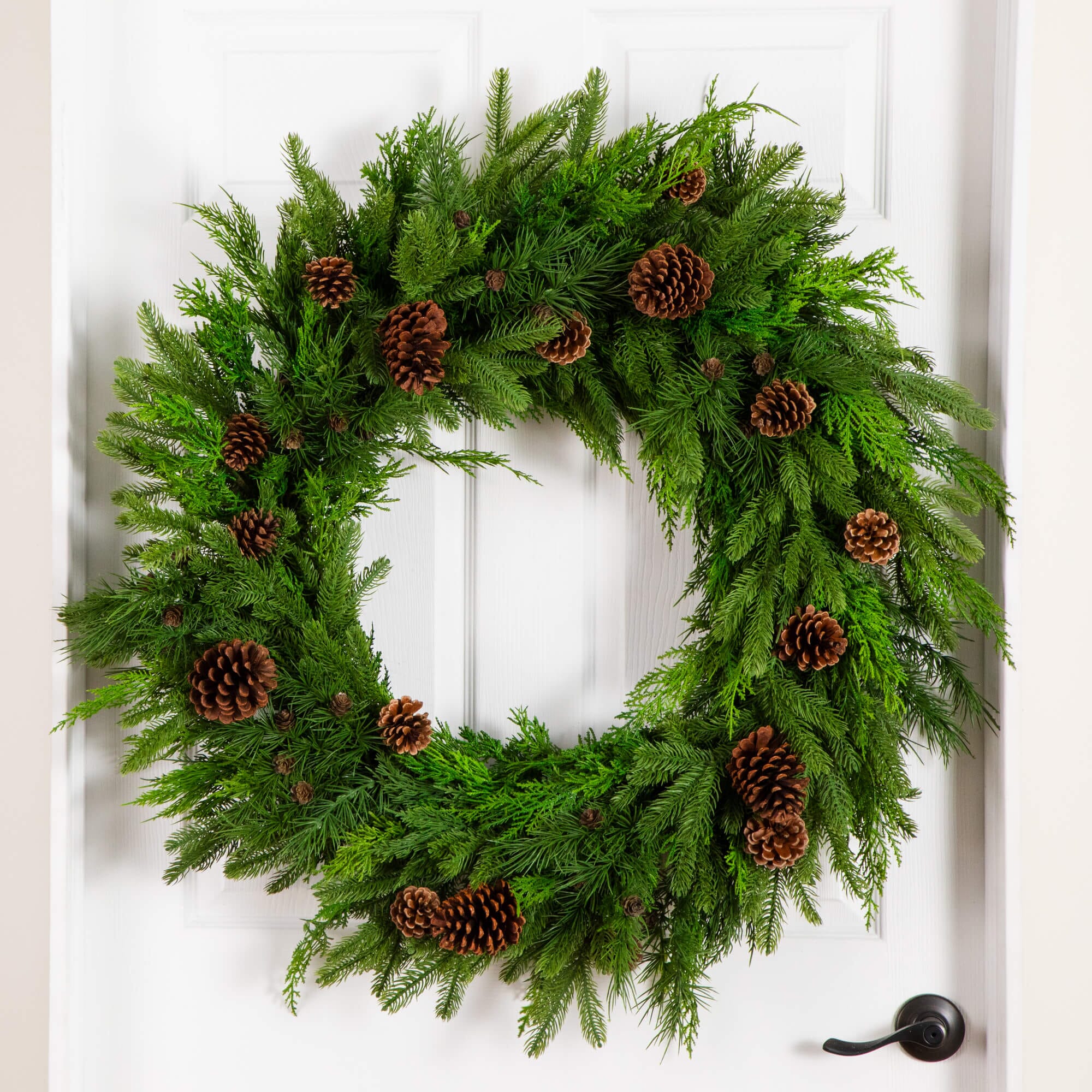 30" Artificial Norfolk Mixed Pine Wreath with Pinecones - Image 4