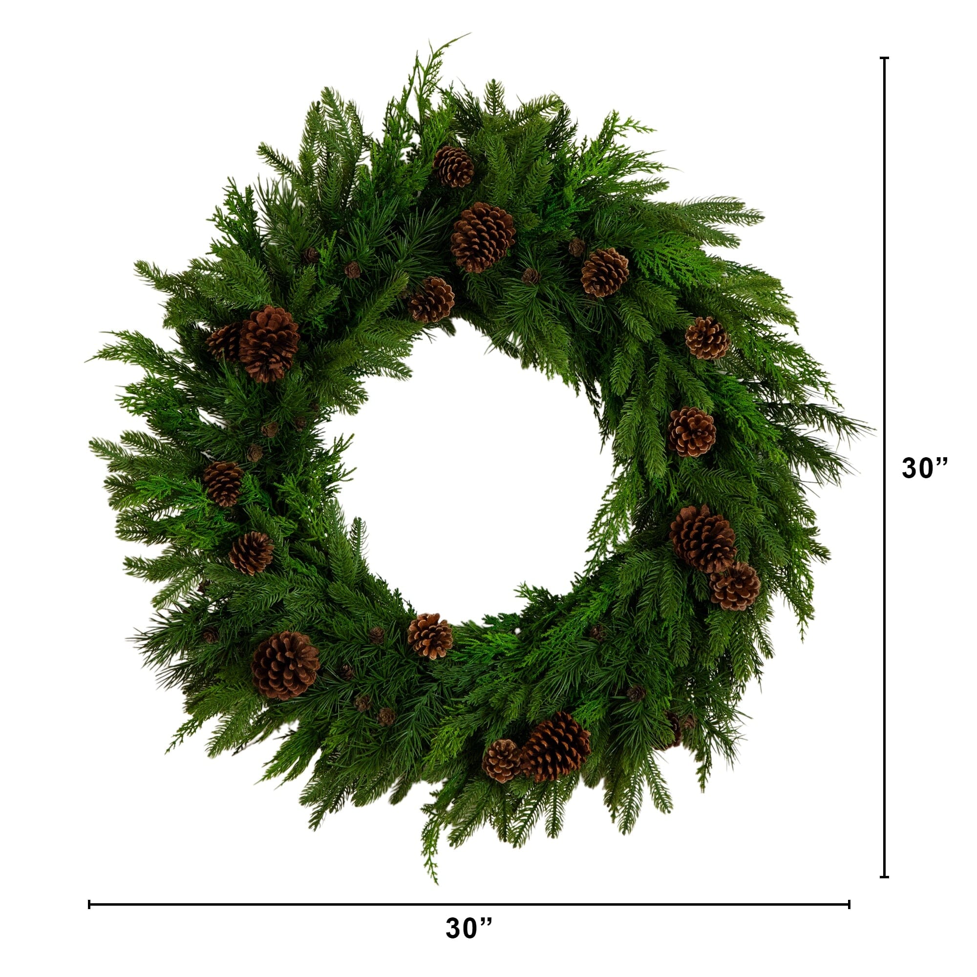 30" Artificial Norfolk Mixed Pine Wreath with Pinecones - Image 5