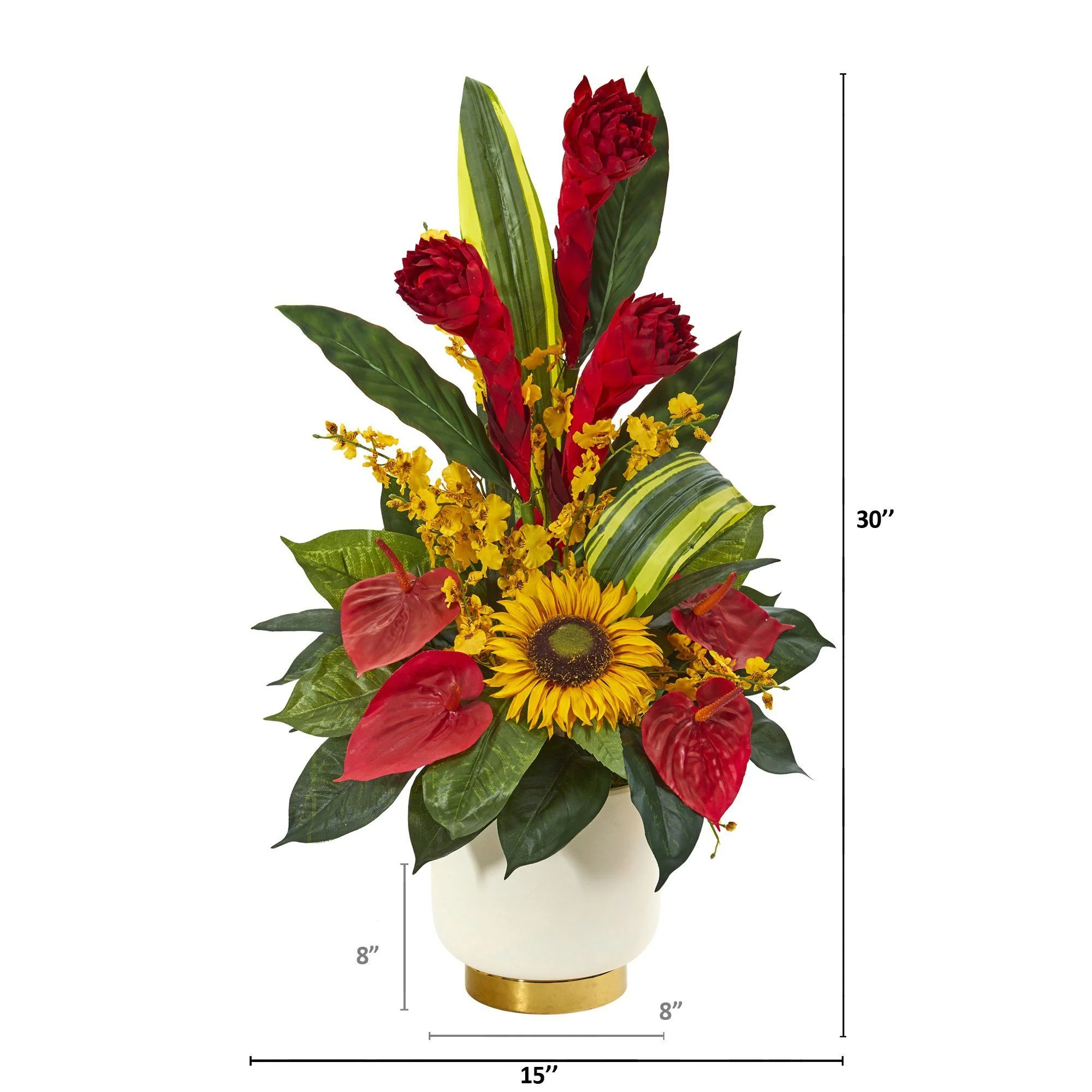 30” Mixed Tropical Floral Artificial Arrangement in Cream Vase with Gold Base - Image 2