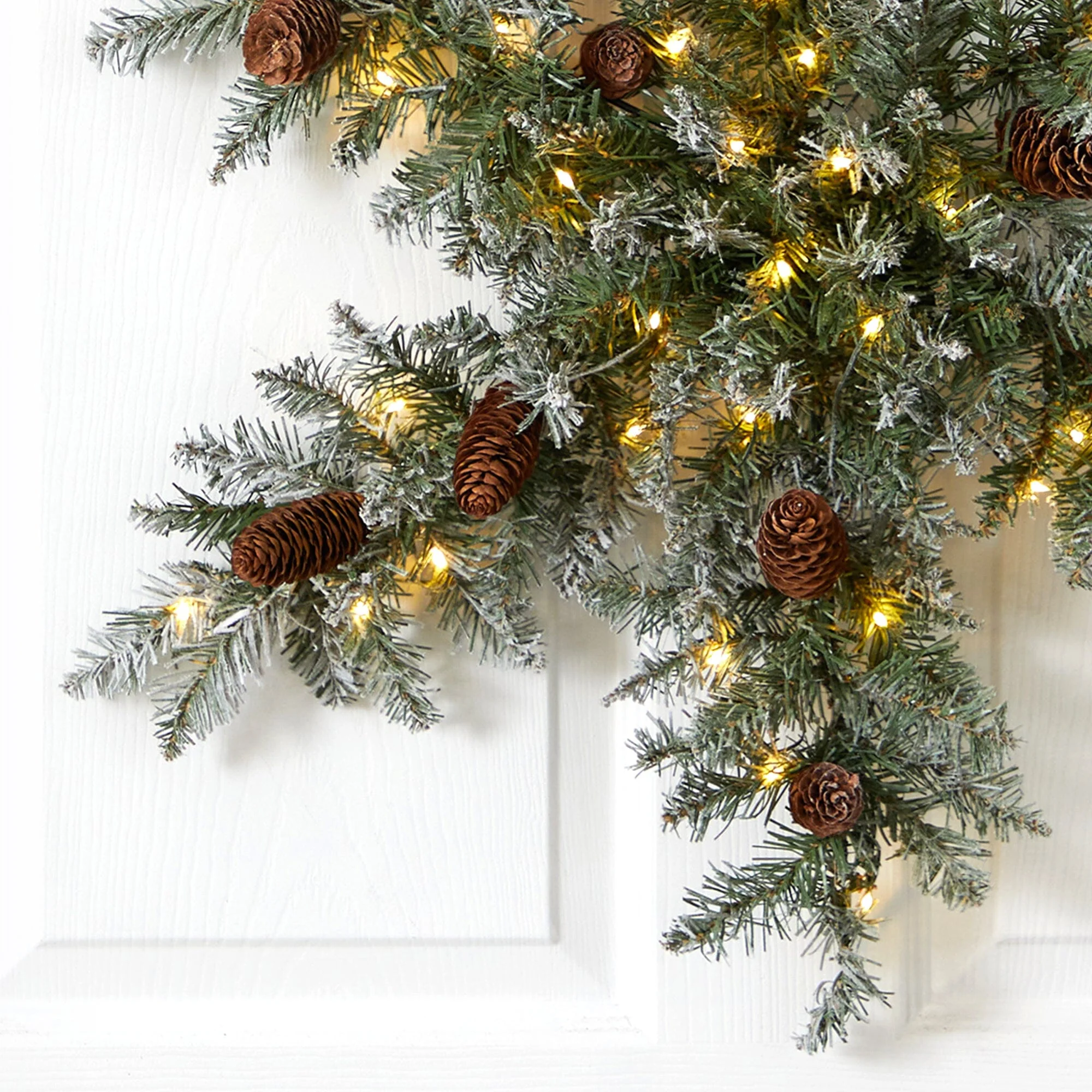 30” Pre-Lit Flocked Snowflake Artificial Dunhill Fir Wreath with Pinecones and 40 LED Lights - Image 2