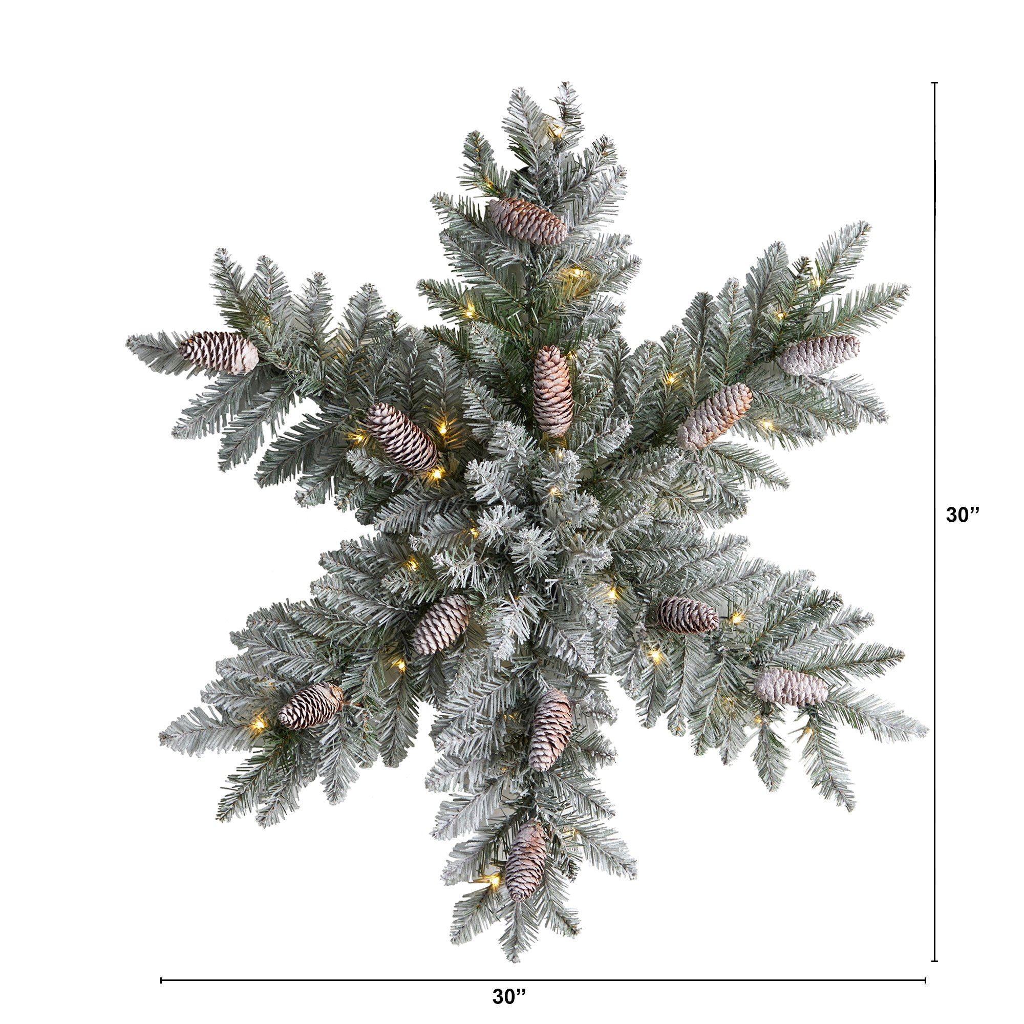 30” Pre-Lit Flocked Snowflake Artificial Dunhill Fir Wreath with Pinecones and 40 LED Lights - Image 3