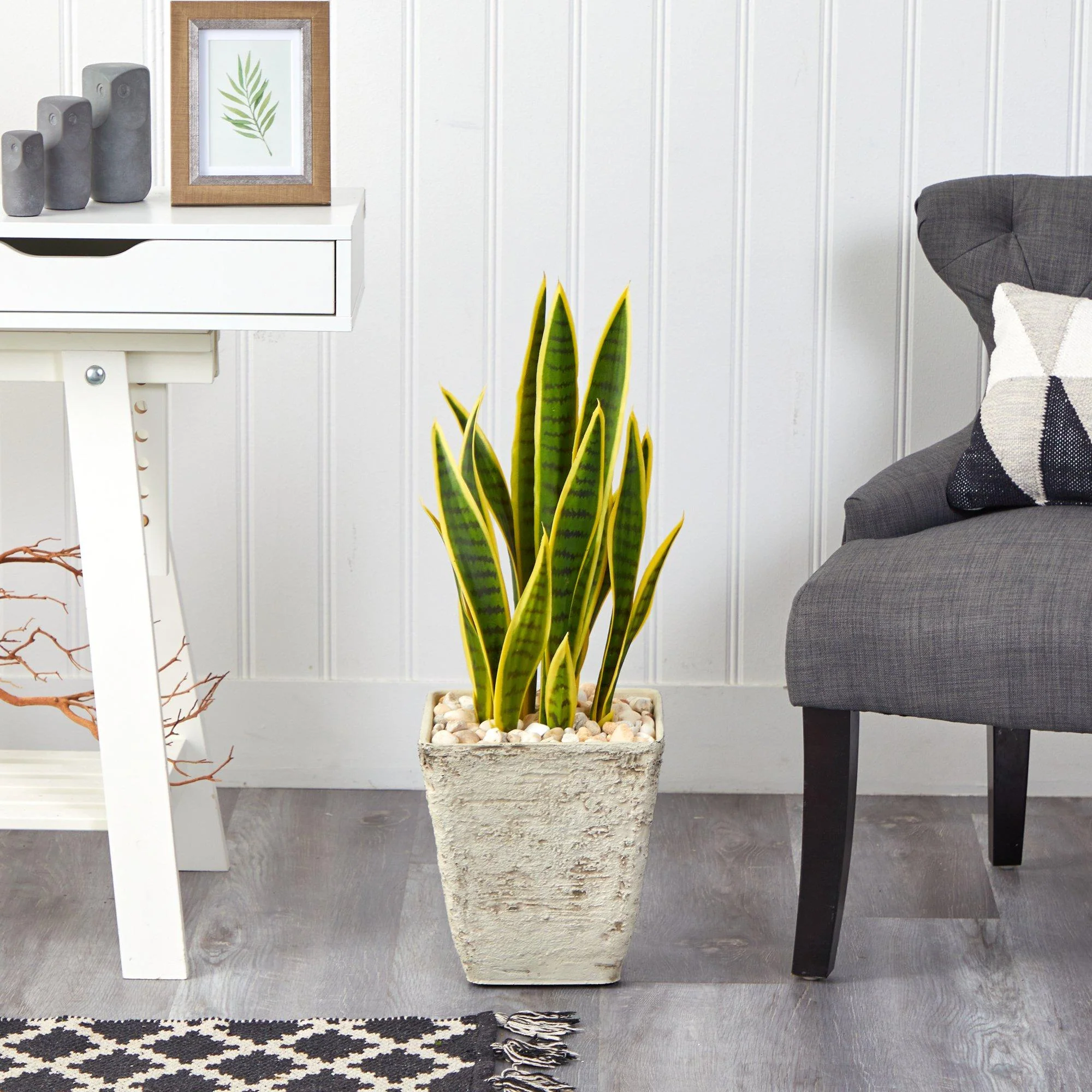 30” Sansevieria Artificial Plant in Country White Planter - Image 3