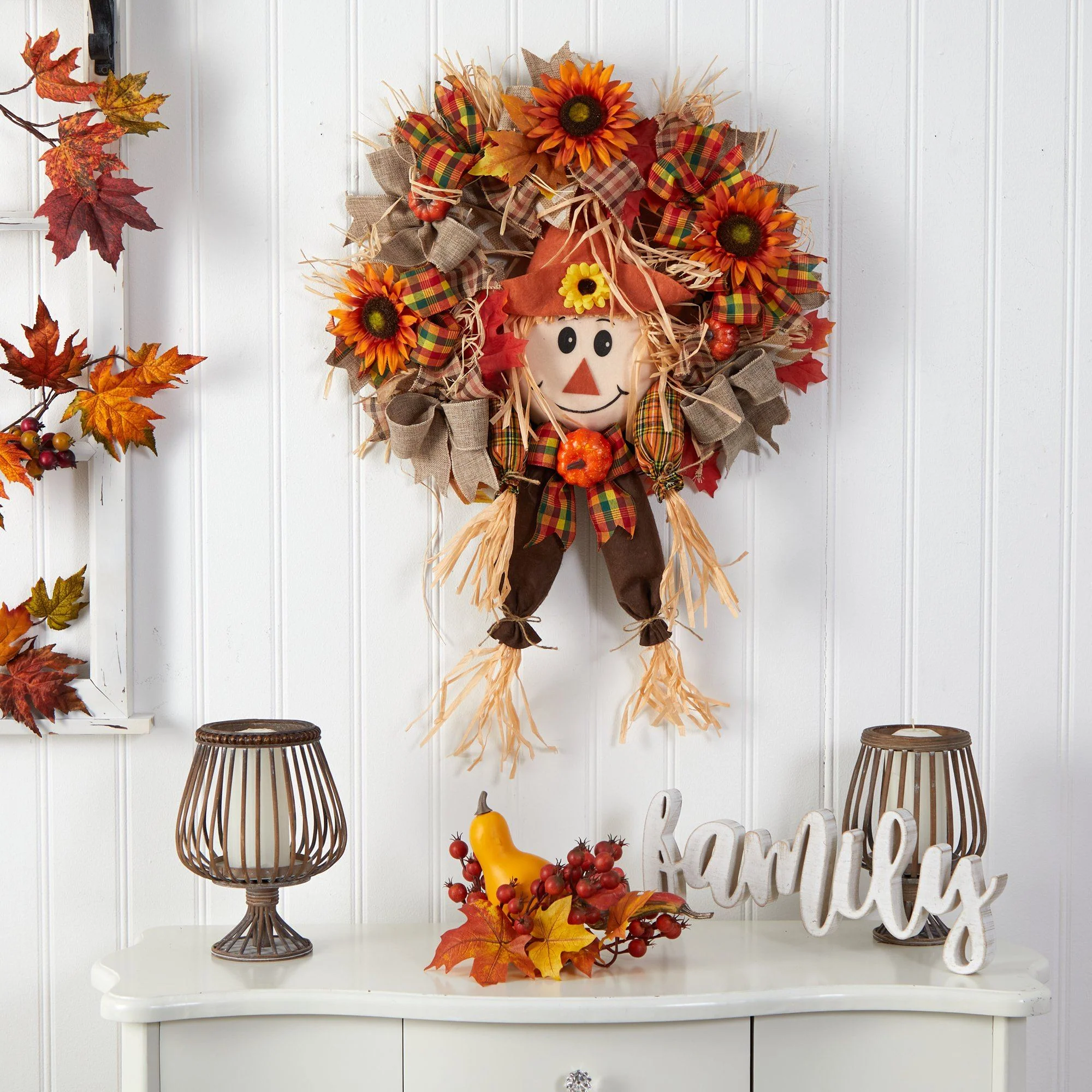 30” Scarecrow Fall Artificial Autumn Wreath with Sunflower, Pumpkin and Decorative Bows - Image 3