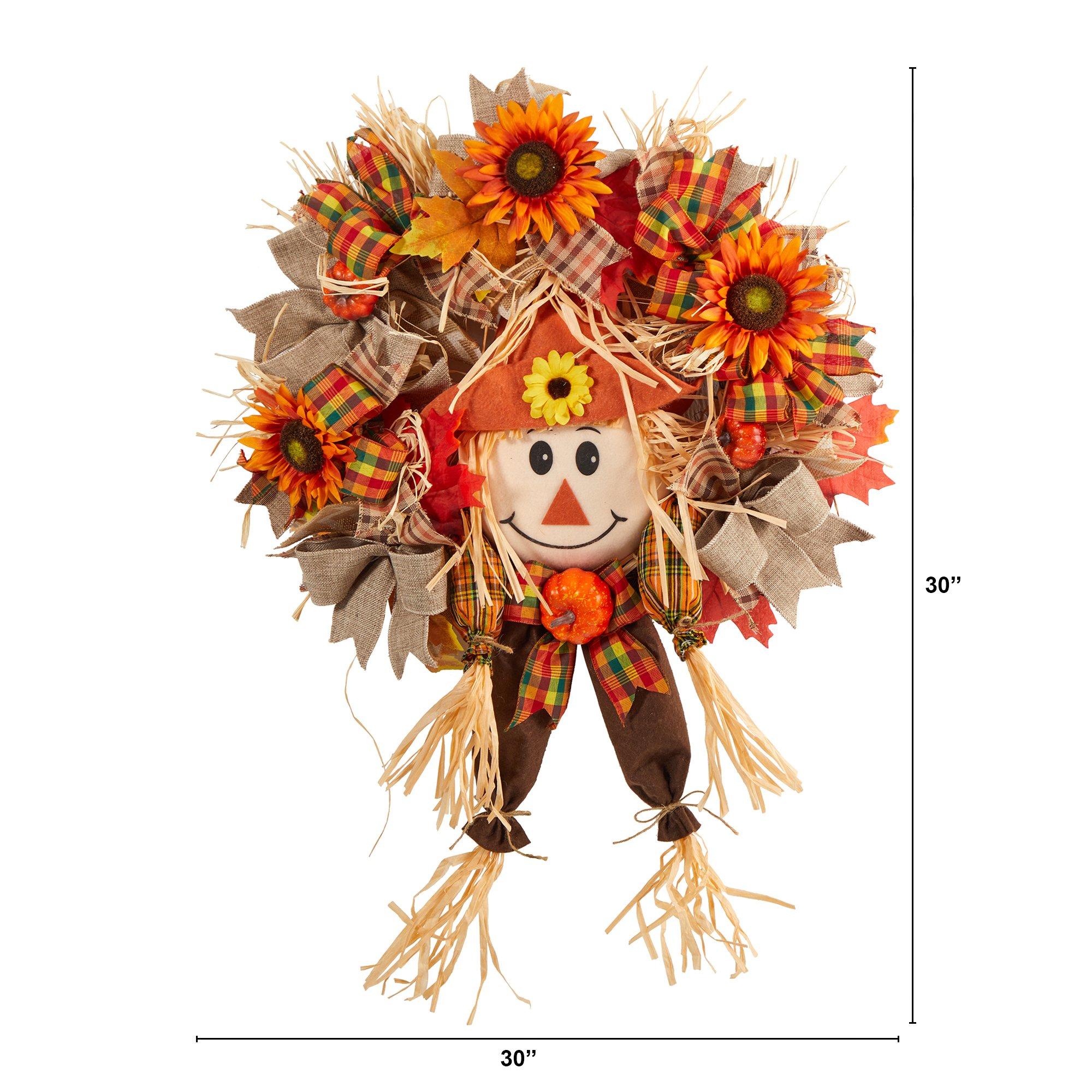 30” Scarecrow Fall Artificial Autumn Wreath with Sunflower, Pumpkin and Decorative Bows - Image 4