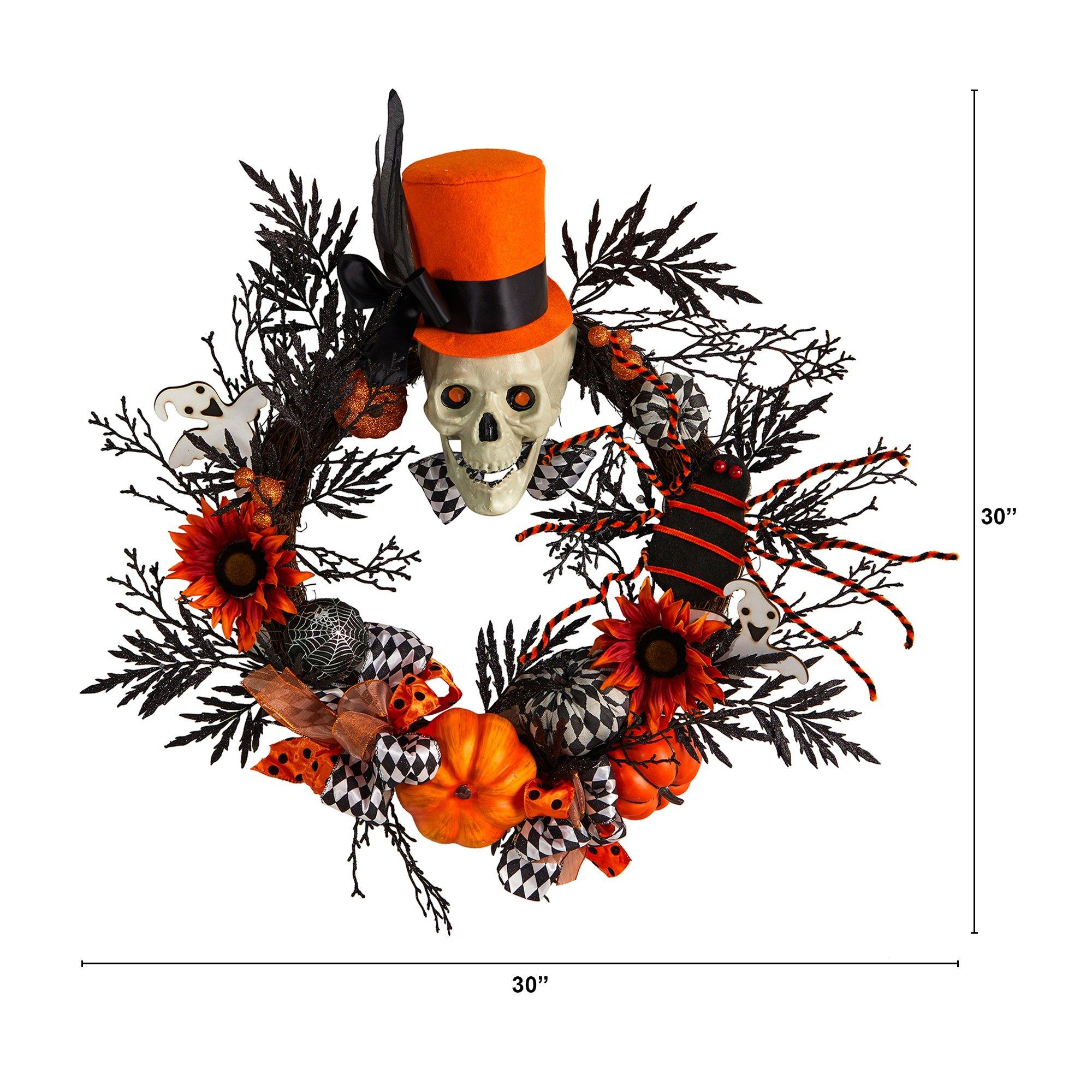 30” Spider and Skull with Top Hat Halloween Wreath - Image 2